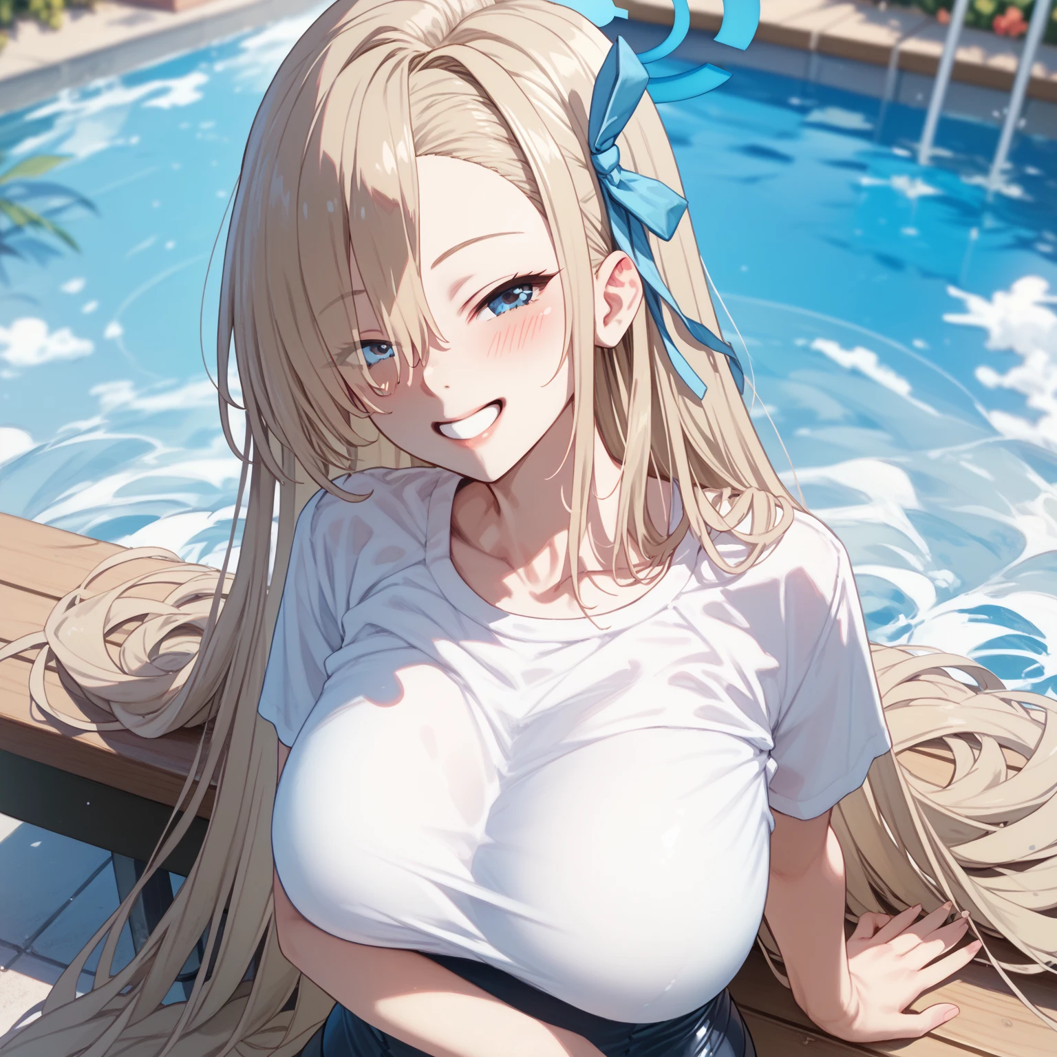 masterpiece, Highest quality, Ultra-high resolution, Fluorescent color,, 1 Girl, Looking at the audience, Beautiful Face, Beautiful Eyes, (Off the shoulder: 1.2), Lift your head, Upper Body, forest, Shiny Hair, Shiny skin, Shining Cut, Big Breasts, Adjusting the Finger Ratio,(1girl:1.3),masterpiece++、top-quality++、ultra-definition++、ultra-definition++、4K++、8K++、From Side,Detailed face, Fine grain, Nikolima, (White swimsuit, Blue eyes, Long Hair, Hair on one eye, Earrings, Blonde, jewelry:1.3), whole body, whole body shot, (Are standing:1.2), View your viewers, (Cleavage, blush, very Long Hair, Huge breasts, Narrow waist, Skin tension, Chest skin dents, Fascinating :1.3), Detailed hair, one piece, Black Dress, Pool conceit