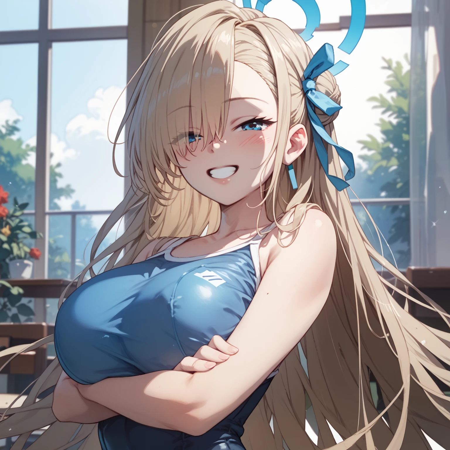 A full chest、stand、peace sign、Grin、School Swimsuit、Black tights、Blue Archive、Asuna