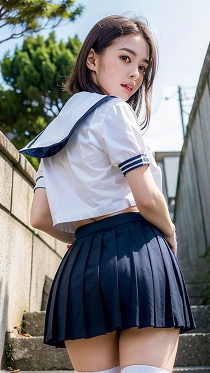 (masterpiece, Highest quality:1.2), 8K, Young and beautiful girl, 85mm,Official AR RAW Photos, (Baby Face), ((Small face)), ((Big Breasts)), ((Backwards)), ((Show me your ass)), ((Show me your boobs)), Detailed nipples, Show me your ears、photo shoot, Cute face, Thighs, Classroom after school, Looking at the audience, Embarrassing、smile、No makeup, Film Grain, chromatic aberration, Sharp focus, Face Light, Bright lighting, 10 generations, Detailed face, Background blur、((((((14 year old high school girl))))))、Narrow waist、Sailor suit、Dark blue mini skirt、White tiny panties