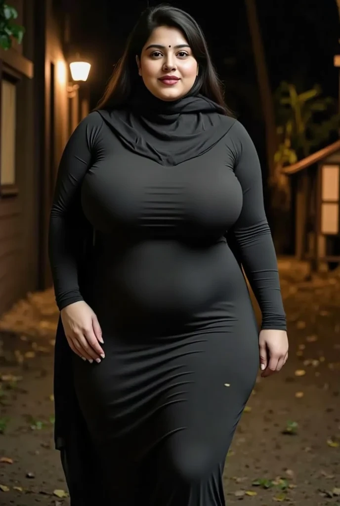 Chubby woman with fat belly and tight thighs, full body, 50-year-old mature woman, thick hips, thick neck, thick chest, big eyes, wearing a longest dress, wearing a hijab, hijabi woman
