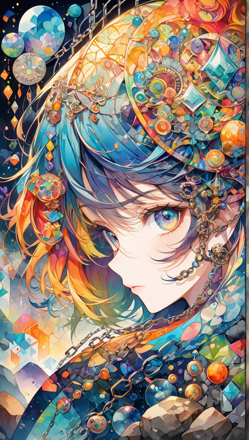 lock chain and a lock-themed abstract art, colorful locks nailed onto a canvas, intricate patterns and shapes of locks creating an aesthetic composition, a non-representational illustration, exquisite color balance and harmony, cryptic watercolor style, a sense of glass-like transparency, simply beautiful... a world that leaves the viewer speechless