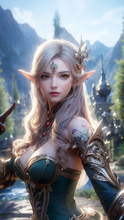 Female elf,Large breasts,Silver armor,tiara crown,dramatics,dynamicposes,The background is the palace,(Mid-range portrait:1.3),rays of sunshine,sceptre