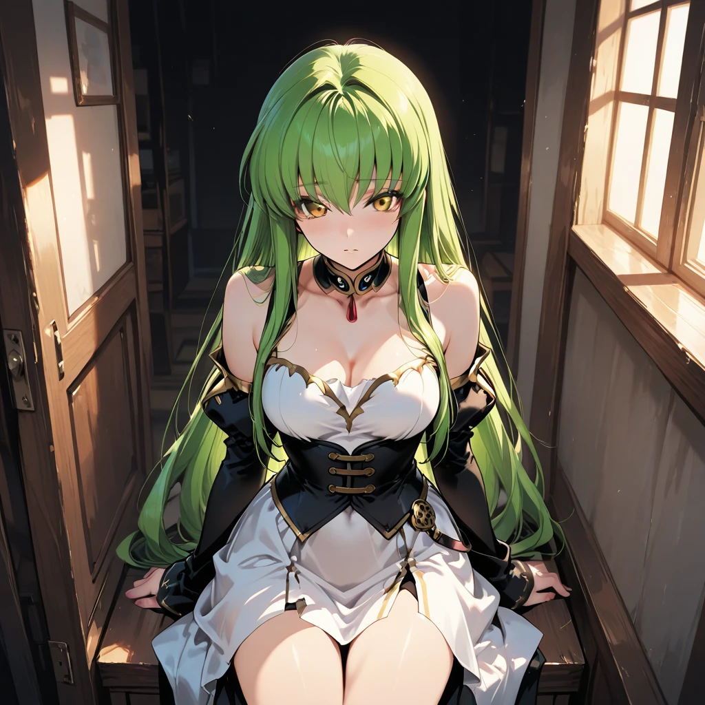 (girl1), (anime), white, with long green hair, an 18 year old woman, with white stockings and a sexy dress, wearing a heroine costume consisting of a white sleeveless swimsuit, white spiked gloves and metal plates on her waist and feet, look at the size of her breasts, they are size AA+
