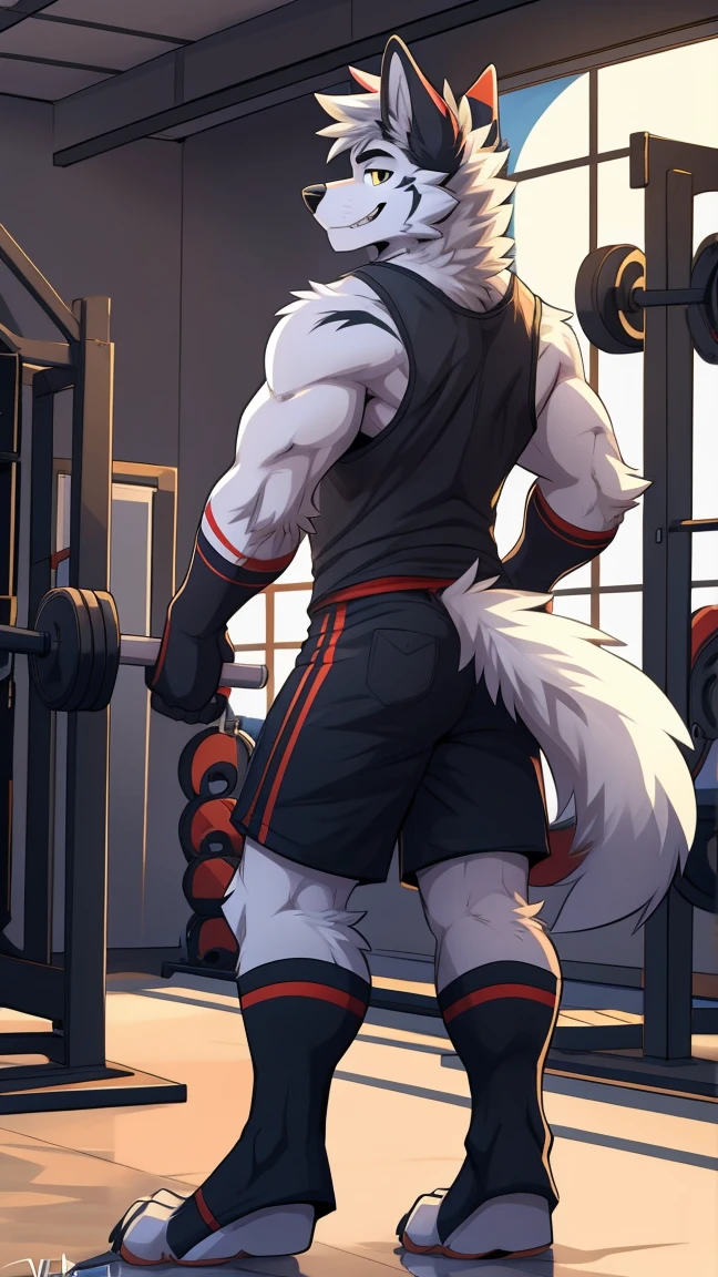 Dog, good looking, male, anthro, ultradetailed, muscular, solo, bareness, rippling muscles, muscles, gym background, tail, smiling, big pecs, looking at viewer, thong, bara, rear view,