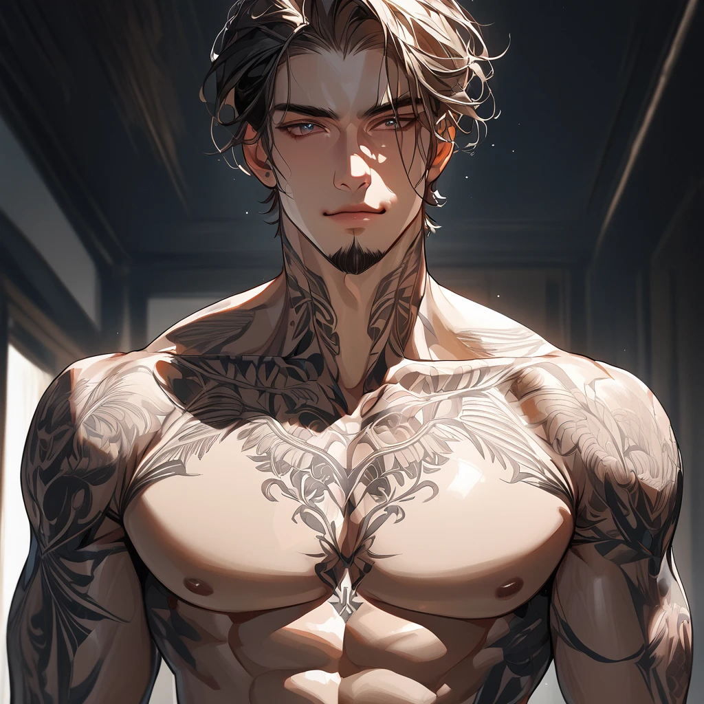 Male, white hair, red eyes, muscular, tattoo's, wearing lingerie