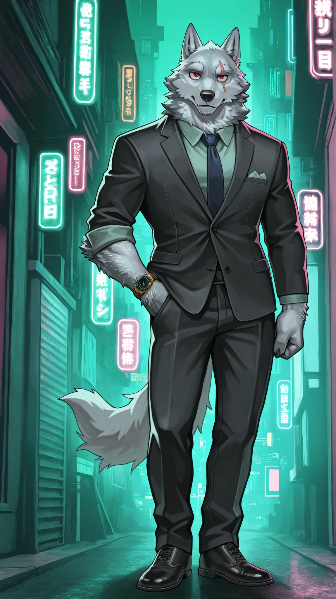 masterpiece,Highest Quality,Great Quality, 馬鹿げた male, solo, anthro,
Wolf, formal look, white body hair red eyes, Facial scars, green, male, Rugged, Wolf青年
屋上, outside, Cyberpunk, neon light, Watch Viewers, portrait, delicate body slender body full body
