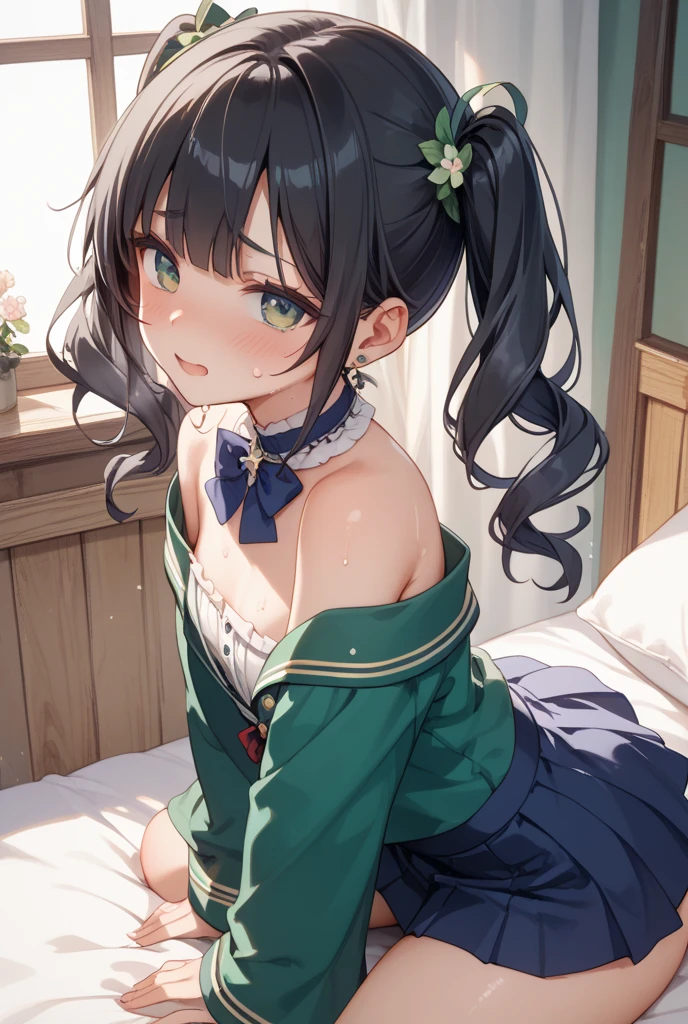 (8k, best quality, master piece: 1.2),super high resolution,1 girl, 独奏, cowboy shot ,ultra-detailed face, Selfie、Sexy Security Guard、emerald、Private room、bed、Midnight、Out of the window、Starry Sky、wariza, hand between legs, Collarbone, Ecstatic expression