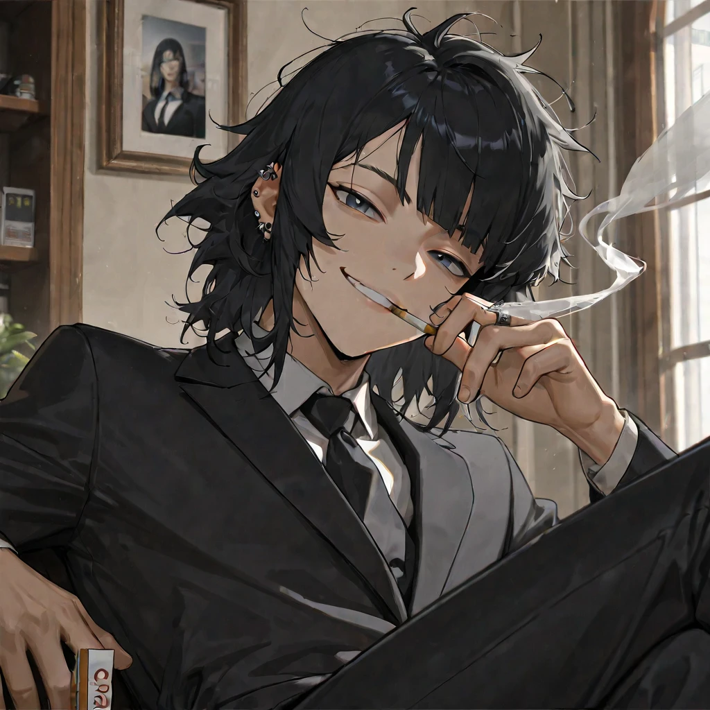 score_9, score_8_up, score_7_up, solo, 1girl, csmhimeno, expressionless, looking away, sitting, couch, holding cigarette, between fingers, green eyes, eyepatch, formal, black jacket, suit jacket, open jacket, long sleeves, white shirt, collared shirt, shirt tucked in, black necktie, black pants, indoors <lora:csm_himeno_ponyXL:1>