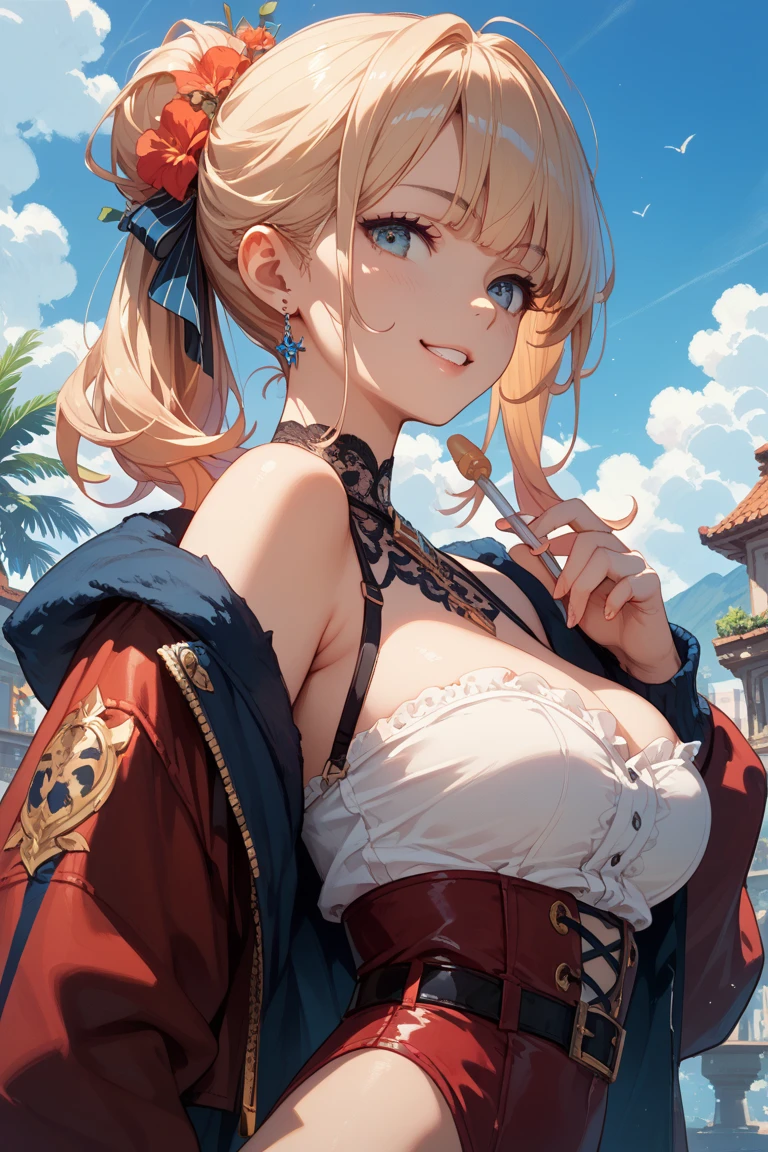 (Highest quality, masterpiece), Turquoise Screen Filter, (One girl, alone, Brown robes, expression, look up, Sitting, Wide sleeves, Iris, Mouth closed, Long Hair, Cowboy Shot), (sunny, Cosmos field, cloud), erotic, One slim woman, 25-year-old woman, huge firm bouncing busts, Pointed Chest, sexy long legs