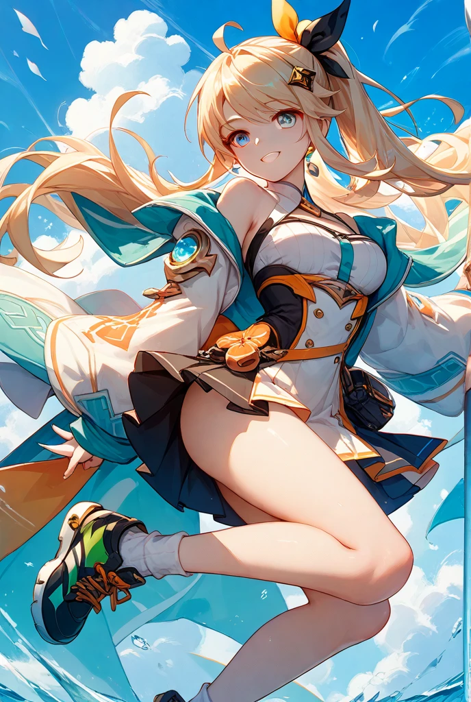 masterpiece, best quality, highres, 1girl, kazama iroha, blonde hair, fingerless gloves, gloves, sarashi, thighhighs, japanese clothes, white thighhighs, skirt, haori, black gloves, hairband, bangs, sandals, sheathed, pleated skirt, ponytail, chest sarashi, breasts, sheath, blue eyes, hair between eyes, black hairband, hair ornament, leaf hair ornament, long sleeves, covered navel, miniskirt, large breasts, <lora:kazama_iroha_v1:0.6>