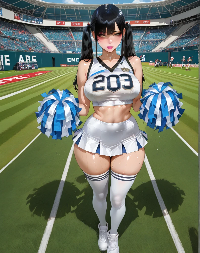 quality,busty figure,squatt,legs separated,Facing the lens,Transparent Cheerleading Outfits,cabelos preto e longos,White-colored skin,sweat leggs