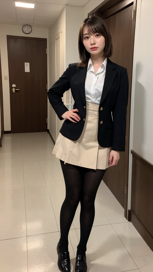 Highest quality、masterpiece、8k、Very detailed、Realistic、Looking at me with a smile、whole body、Black Hair、Short Hair、Small face、Slender、(Very large breasts:1.2)、Thin and beautiful legs、narrow and constricted waist,、(Tight reception uniform:1.2)