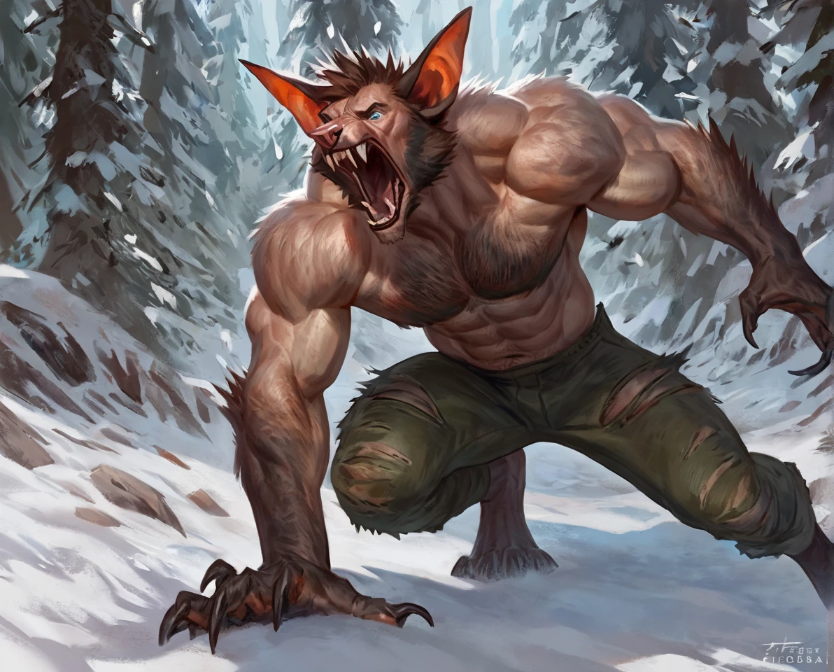 male bat, comic book style, illustration, solo, abs, pecs, concentrated expression, masculine body, masterpiece, best art, full body, by laobai, by taran fiddler, torn pants, torn shirt, detailed hands, tall, detailed eyes, detailed torso, forest, pain expression, transformation, yelling, halfway human face, snow