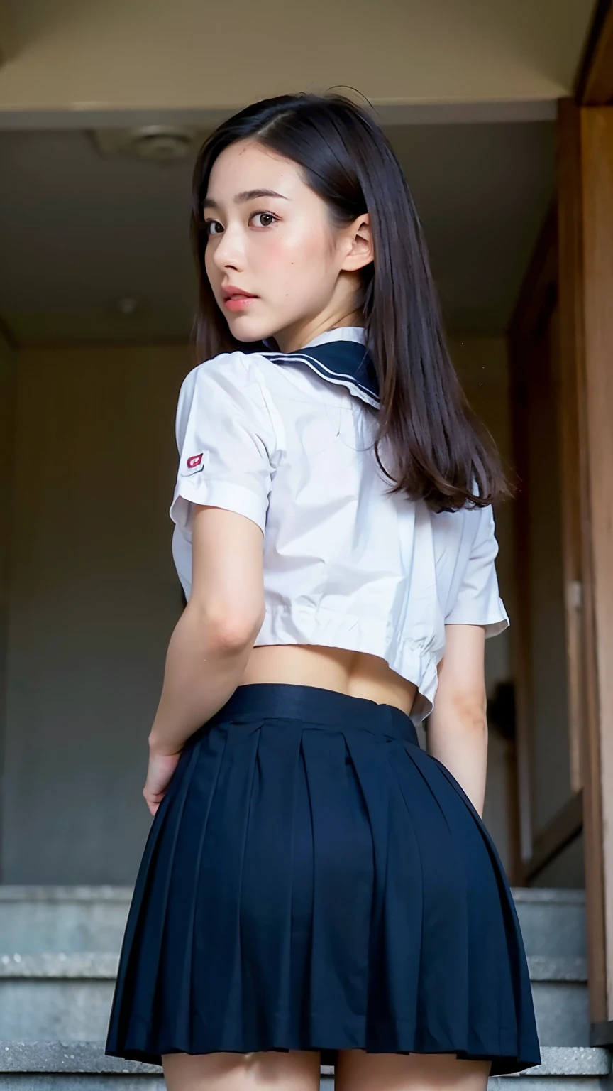 Highest quality, masterpiece, 1 girl, 14~18-year-old, Beautiful Face, Realistic, High resolution,School, Student Uniform,sexy, back