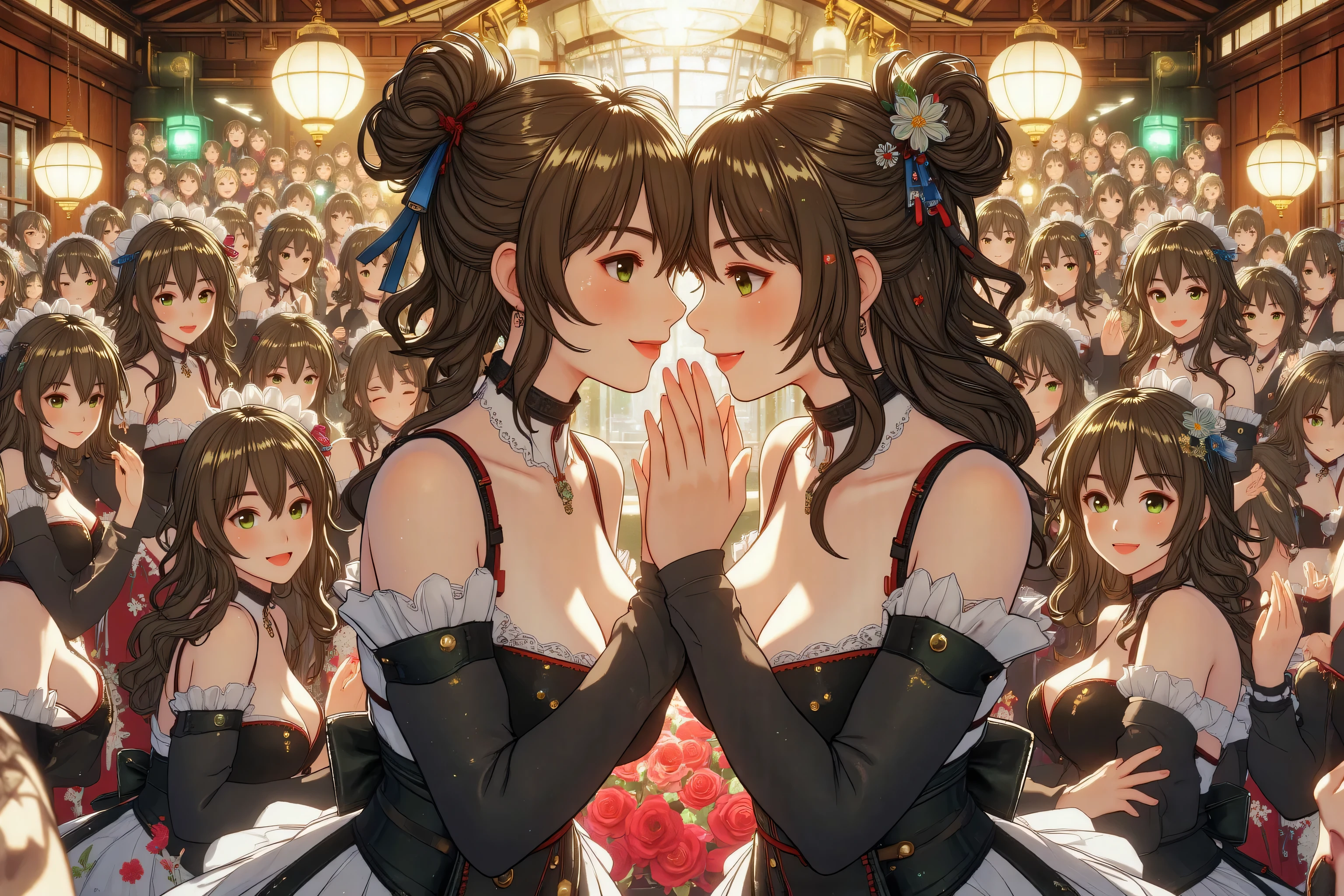(((Myself=Japanese Beautiful Super Clones multiply girls))), (((((Myself OnlyのSuper Clones multiply girlsが大量増殖して超大群衆のMyself OnlyのSuper Clones multiply girlsと熱愛溺愛して抱擁した描写, Myself OnlyのSuper Clones multiply girlsはMyself OnlyのSuper Clones multiply girlsと淫乱中))))), (((high quality Animation Art))), (Super Best masterpiece, 16K, 最高画質, 超高解像度, 超最高の作品完成度), (((超とてもカワイイ笑顔, 嬉しい表情, 濃い焦げ茶色した髪の少女))), (((((とても美しく繊細で正確な女体の動き, とても正確で違和感ゼロの手や足の緻密な動き, 超巨乳, 胸の谷間強調))))), (((春服カジュアル衣装))), (とても詳細で正確な１点透視図法描写, 超広角視界, Super wide view, 多彩なアングル描写, ど真ん中被写体要らない),