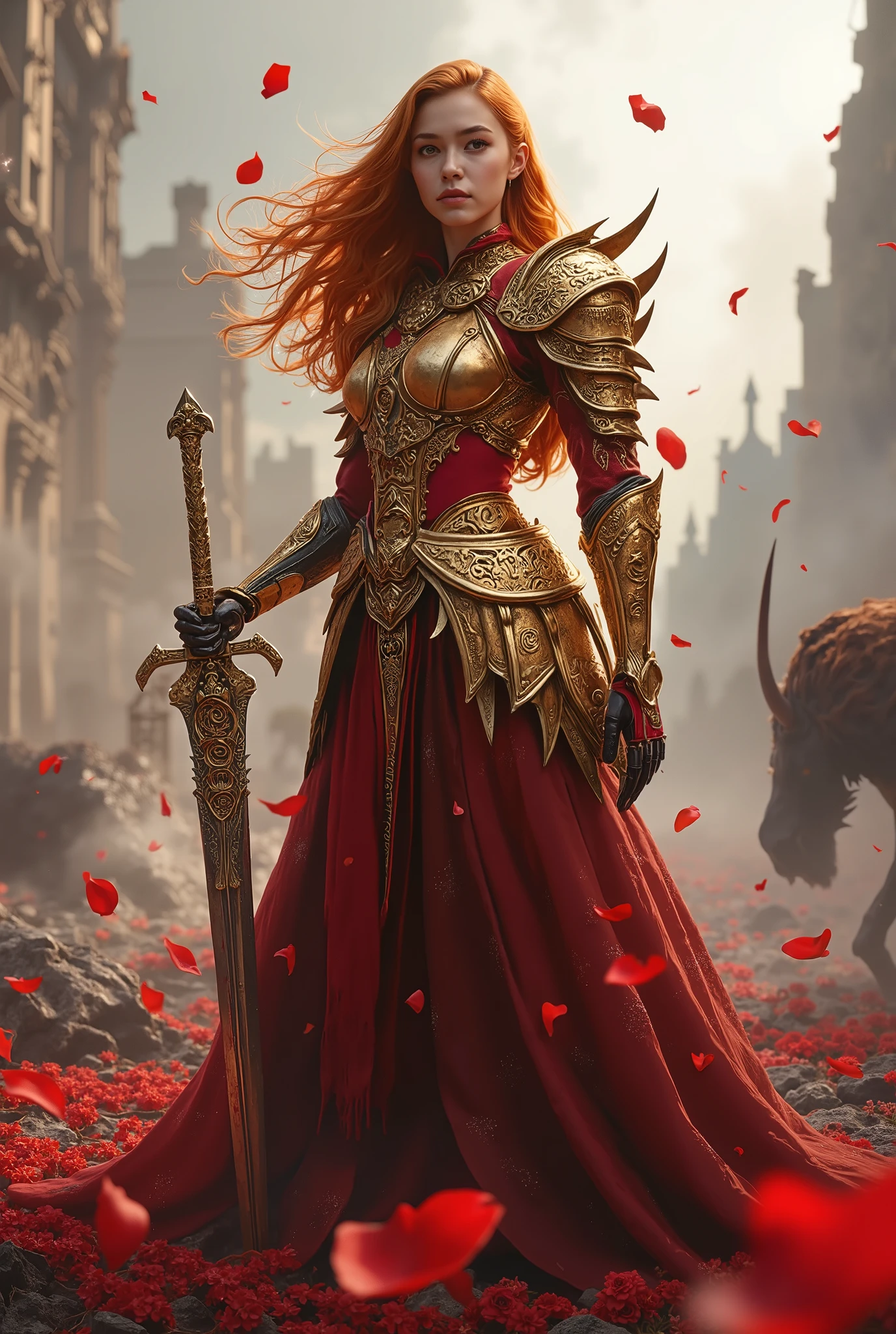 intense and breathtaking scenes of the Malenia Norm , Legendary Female Warrior , Standing in the Middle of Battle . she stands confident There is a, Her slender body is clothed in exquisitely crafted gold and red armor, Elegant, Thorn-like Motifs . Her long, fiery red hair violently sweeps , Obscured by an enemy , strong willed eyes. seed on her right hand , she has an iconic prosthetic arm , Sword Carved with Runes , Blood dripping from recent battles . with vermilion petals dancing around her to the fullest , floats through the air like ghostly petals , adds unforgettable beauty to the scene . The background is a battlefield devastated by war , Wrapped in blood-red flowers and sparkling ash fog , The remnants of fallen warriors are scattered all around . The air is full of awe and elegance , Malenia's graceful lethality and 、captures the unwavering strength of one of the most formidable enemies in the narrow space. (MAXIMUM ULTRA DEFINITION IMAGE QUALITY AND RENDERING:3), maximum image details , realistic rendering , ((( Ultra Realistic Style ))), Realistic Side Lighting , , 8K high definition, Realistic Soft Lighting , ( Amazing Special Effects :3.5)