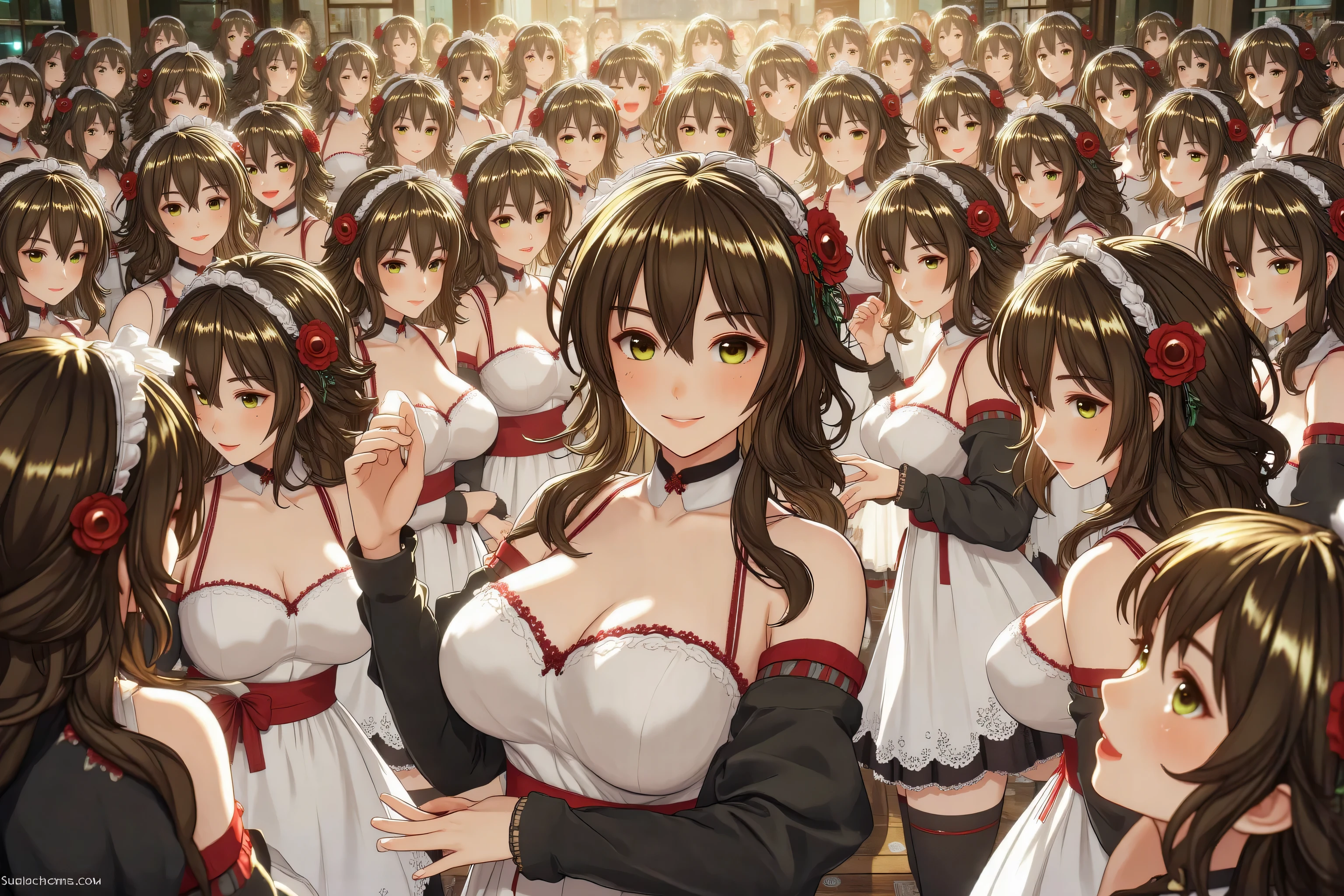masterpiece, best quality, highres, aaichika, tiara, bridal veil, necklace, cleavage, wedding dress, strapless dress, white dress, white gloves, elbow gloves, garden on background, smile, open mouth, tears, upper body, confetti, holding bouquet, bouquet, ShizukaMikazuki, short hair, brown hair, hair ornament, brown eyes, hairclip