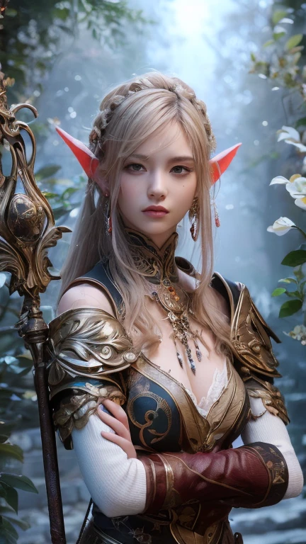 Very detailed detailed photos, Ultra-clear image quality, highest resolution, Advanced, nmasterpiece, 16k, Ray tracing, Particle light，FULL-BODY PHOTO, A beautiful female elf，Exquisite face details, realistic skin textures, realistic and perfect figure, correct skeletal anatomy,(In the background is a huge castle)，Wearing a mage cloak，Both hands manipulate the thunder and lightning，Combat posture，Lightning and thunder in the sky