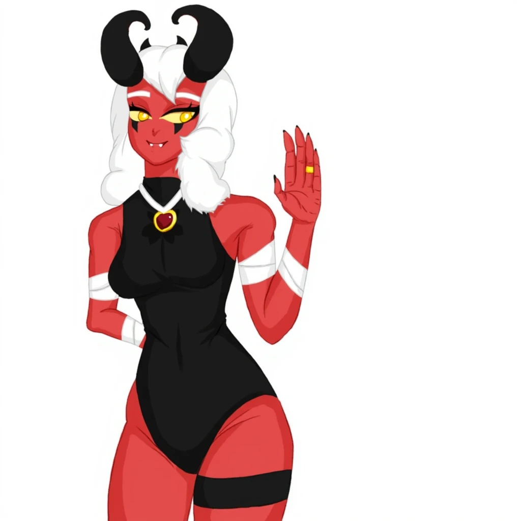 HazbinStyle, assymetric, a cartoon character, masterpiece,highly detailed,8k resolution,anthropomorphic animal,5ft 3in tall anthropomorphic and bipedal demon goat with a bright red crimson fur covered body with a,curvy feminine body but a flat chested due to being male,his eyes are golden iris with black scalia, short black goat horns,black hooves for fingers,black fingers, and hooves for toes, red floppy goat ears, a red goat tail, wearing a black crop top, black short shorts, and a black choker collar,standing on their own back legs with a full body view,a deadpanned expression on the face