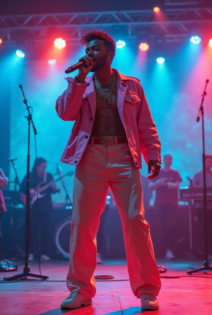 Afro male in a white Popstar outfit singing with the word Benin Boy boldly written on the Background