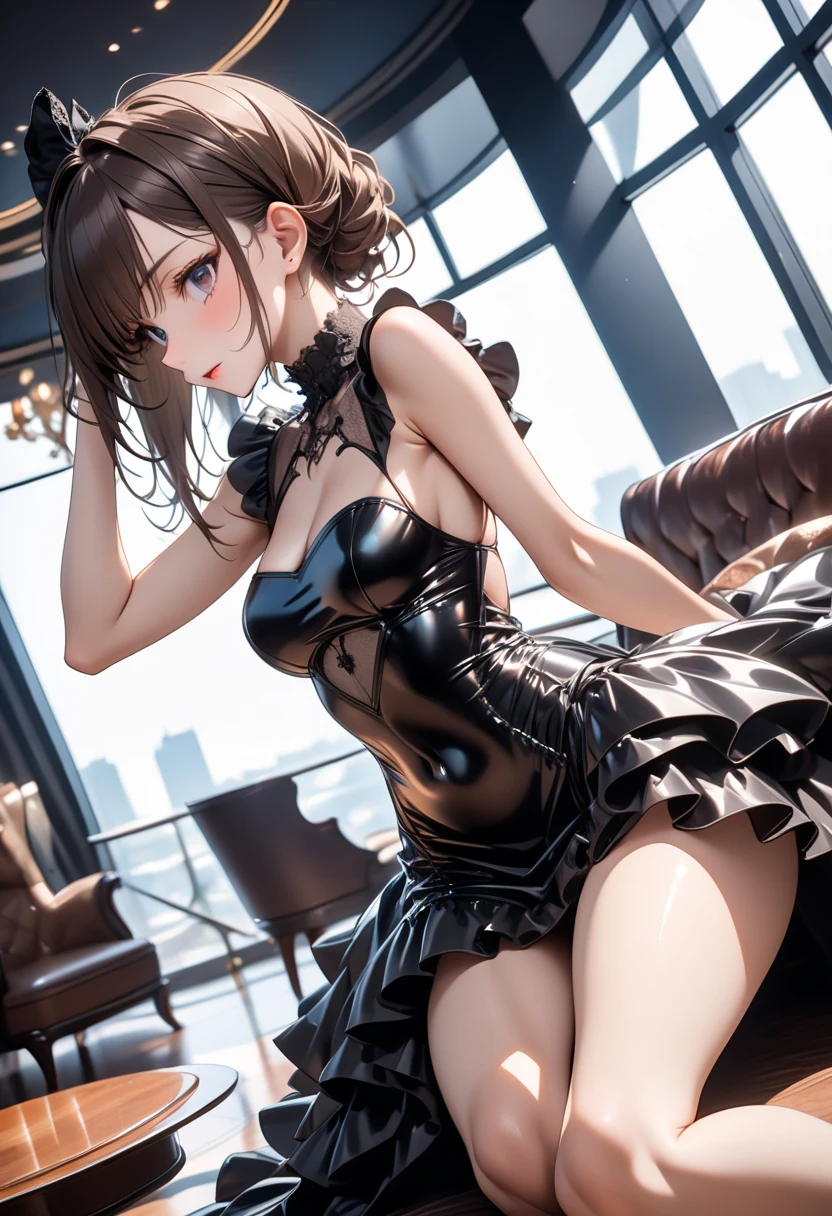 ((Highest quality)), ((masterpiece)), (detailed),Perfect Anatomy，Natural Light,In the city where buildings stand side by side,Night Scenery,A very cute, baby-faced, black-haired woman,((Highest quality, 8k, masterpiece: 1.3, )),A woman with very small breasts,Well-proportioned, slim body，Long, slender legs，Long, thin hands， detailedな顔, detailedな肌, fine grain, detailedな唇, detailedな舌, detailedな指, Mouth detailed, Beautiful teeth alignment,Realistic,  High resolution, Natural light, Dynamic pose,Toned Legs, double eyelid, Tear bags, Round eyes, Moist eyes,Moisturized lips,Long, flowing blonde hair,          (((Black leather collar,Wearing a black leather jacket,A black leather jumper that reveals the chest,Wearing a very short black leather miniskirt,White panties look good,Black leather belt at waist))),((spread your legs wide 1.9,Open your legs in an M shape..5,Woman sitting with knees up 1.4,A pose that emphasizes panties,I want to see more panties)),Poses that emphasize the uterus,A pose that gives a good view of the anus and pussy,