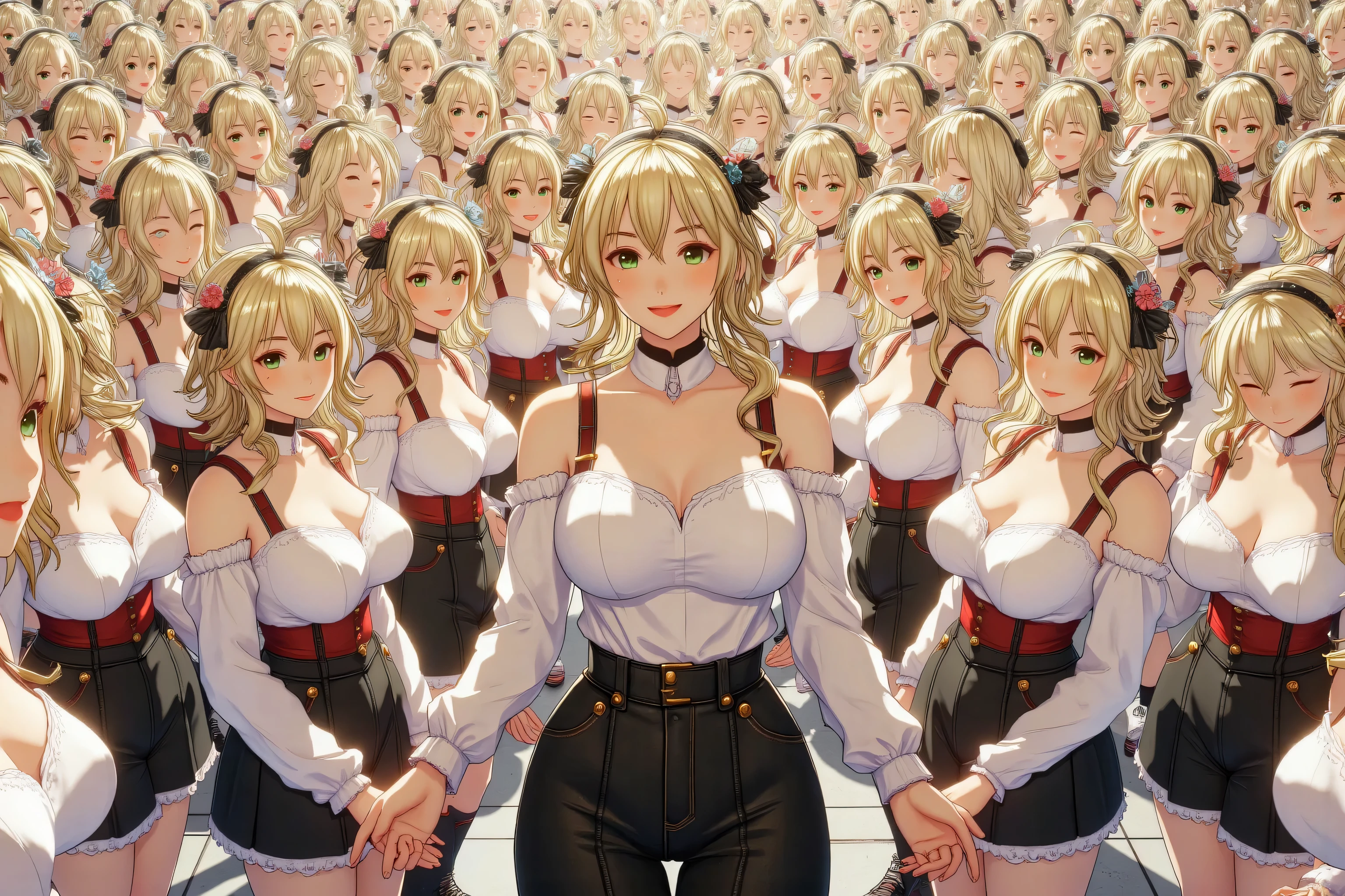 (miniature woman on a platform in front of a giantess breasts and face: 1.3), (miniature woman on a platform below the breasts of a giantess: 1.1), (miniature woman in front of a giantess looking down on them), small breasts, closeup breasts and face, (from below view: 1.2), (small breasts), (indoors: 1.1), girls modern bedroom, (2girls: 1.5), (height difference: 1.9), (mature adult woman: 1.3), (yuri: 1.2), (light blonde hair), buns hairstyle, messy hair, straight fringe, two long bang, yellow eyes