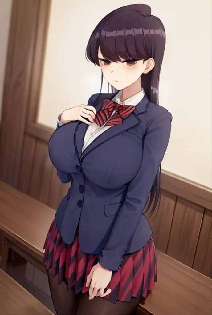 masterpiece, best quality, 1girl, solo, komi-san wa komyushou desu, ks school uniform, blue jacket, white shirt, striped bowtie, red skirt, black pantyhose, looking at viewer, (classroom), cowboy shot , big breasts, huge big breasts,huge large breasts, (large breasts:1.5), (big breasts:1.5), big breast, good breast, beautiful, gorgeous,anime,girl,lora, nipple visible though clothes,