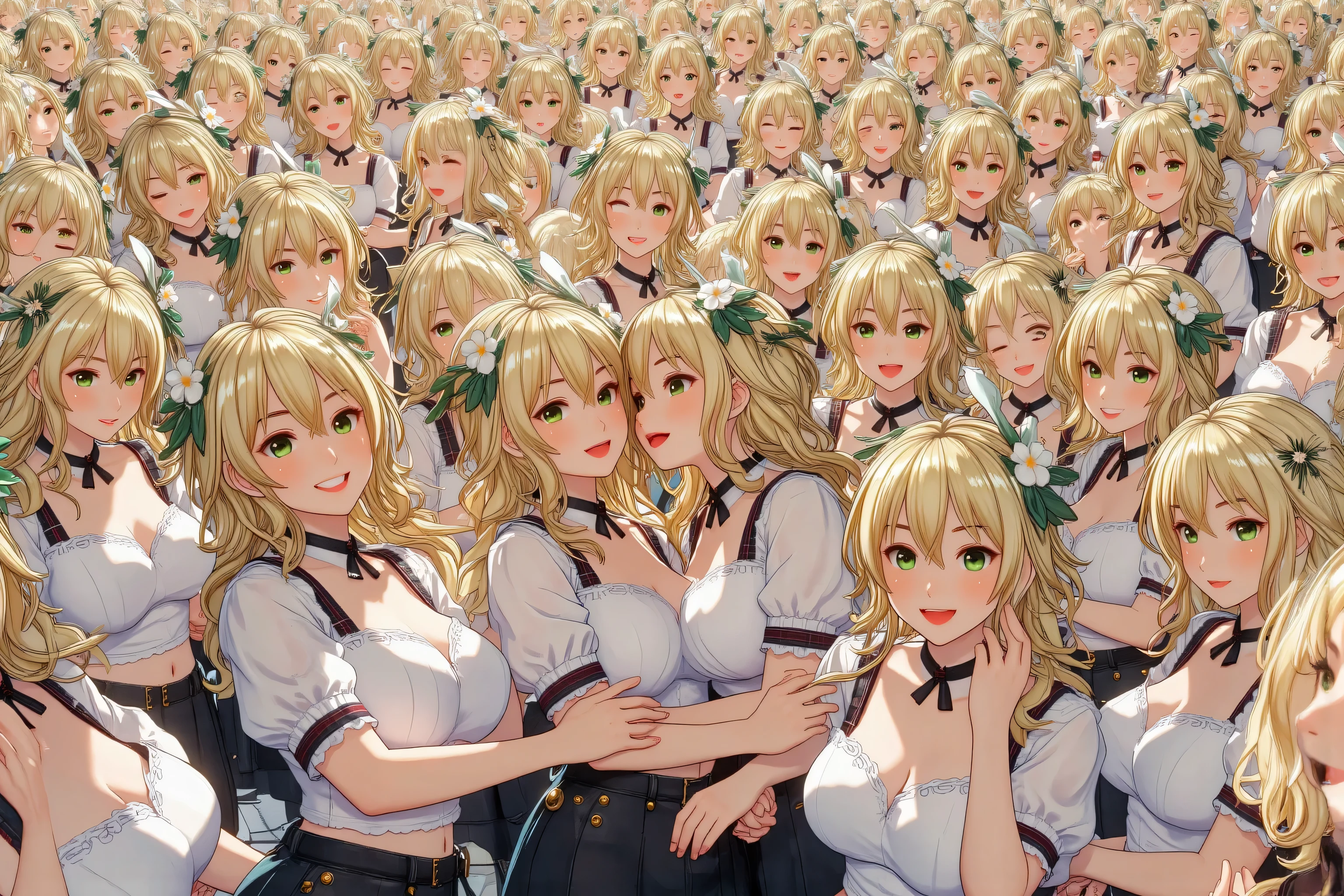 (((Myself=Japanese Beautiful Super Clones multiply girls))), (((((Myself OnlyのSuper Clones multiply girlsが大量増殖して超大群衆のMyself OnlyのSuper Clones multiply girlsと熱愛溺愛して抱擁した描写, Myself OnlyのSuper Clones multiply girlsはMyself OnlyのSuper Clones multiply girlsと淫乱中))))), (((high quality Animation Art))), (Super Best masterpiece, 16K, 最高画質, 超高解像度, 超最高の作品完成度), (((超とてもカワイイ笑顔, 嬉しい表情, 金髪少女))), (((((とても美しく繊細で正確な女体の動き, とても正確で違和感ゼロの手や足の緻密な動き, 超巨乳, 胸の谷間強調))))), (((春服カジュアル衣装))), (とても詳細で正確な1点透視図法描写, 超広角視界, Super wide view, 多彩なアングル描写, ど真ん中被写体要らない),