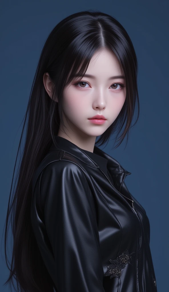 (Highest quality, 32k, High resolution, Masterpiece:1.5, ), marimo_jet, Beautiful Japanese Girls, An exceptionally beautiful face, Small Face Beauty, Perfect Human Anatomy, Magical big eyes, Motherhood and generosity, Deep Love, Fleeting Expression, Shiny black hair, Asymmetrical bangs, Hair between the eyes, Transparent, soft white skin, Sharp eyebrows, Thin lashes, Natural Makeup, Cheek highlighter, Pale pink detailed lips, (Black leather hood:1.4), Slim figure with ample breasts, ((Dark Room:1.2)), ((Black wall background:1.3)), Professional photographer, Professional Lighting, Professional models, mysterious