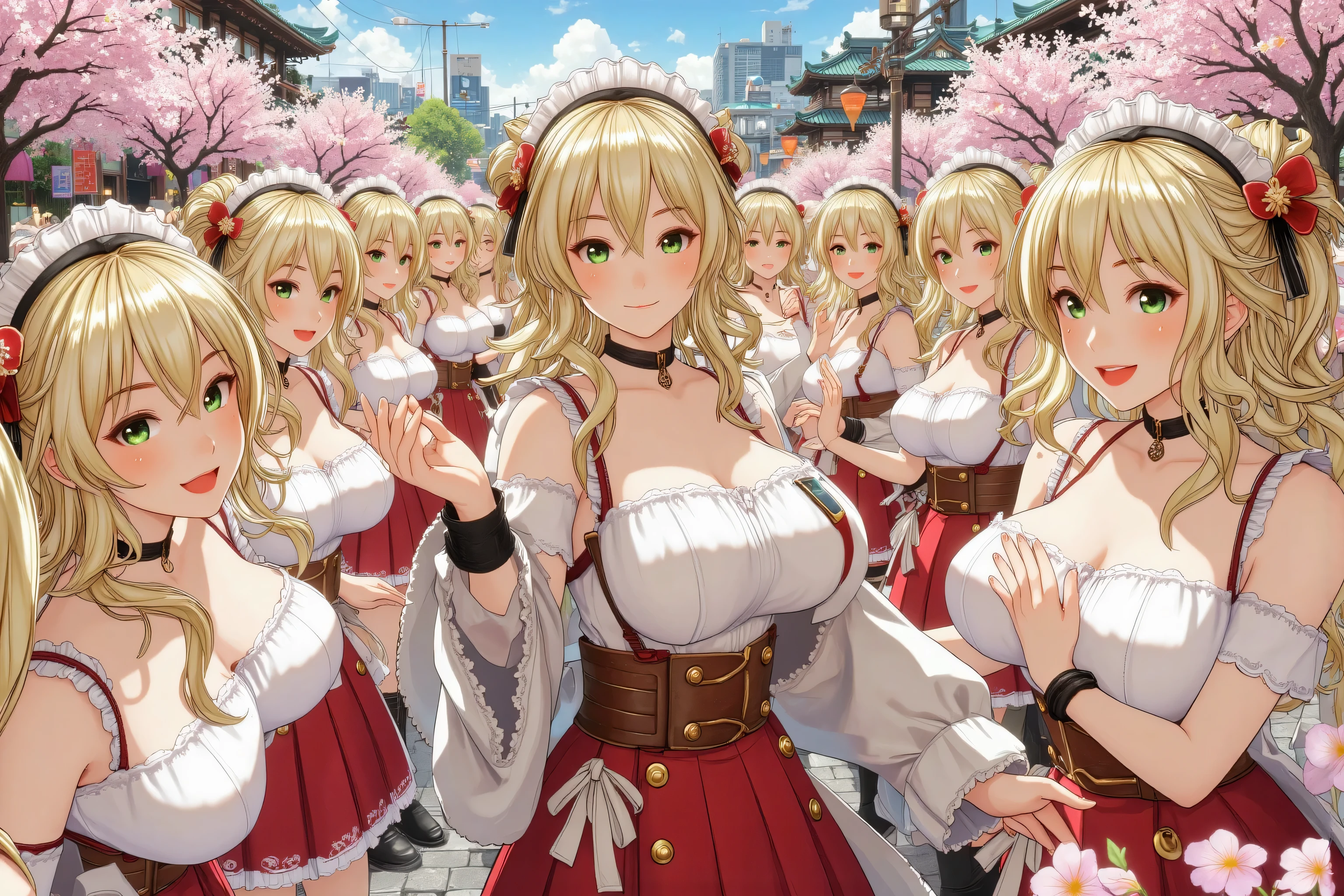 1lady standing, cosplayer, (fantasy anime costume) stylish, (mature female:0.9), /(beige hair/) bangs, kind smile, (masterpiece best quality:1.2) delicate illustration ultra-detailed, large breasts BREAK (anime-related event) outdoors, (outdoor venue), square, crowded, audience, noon, detailed background