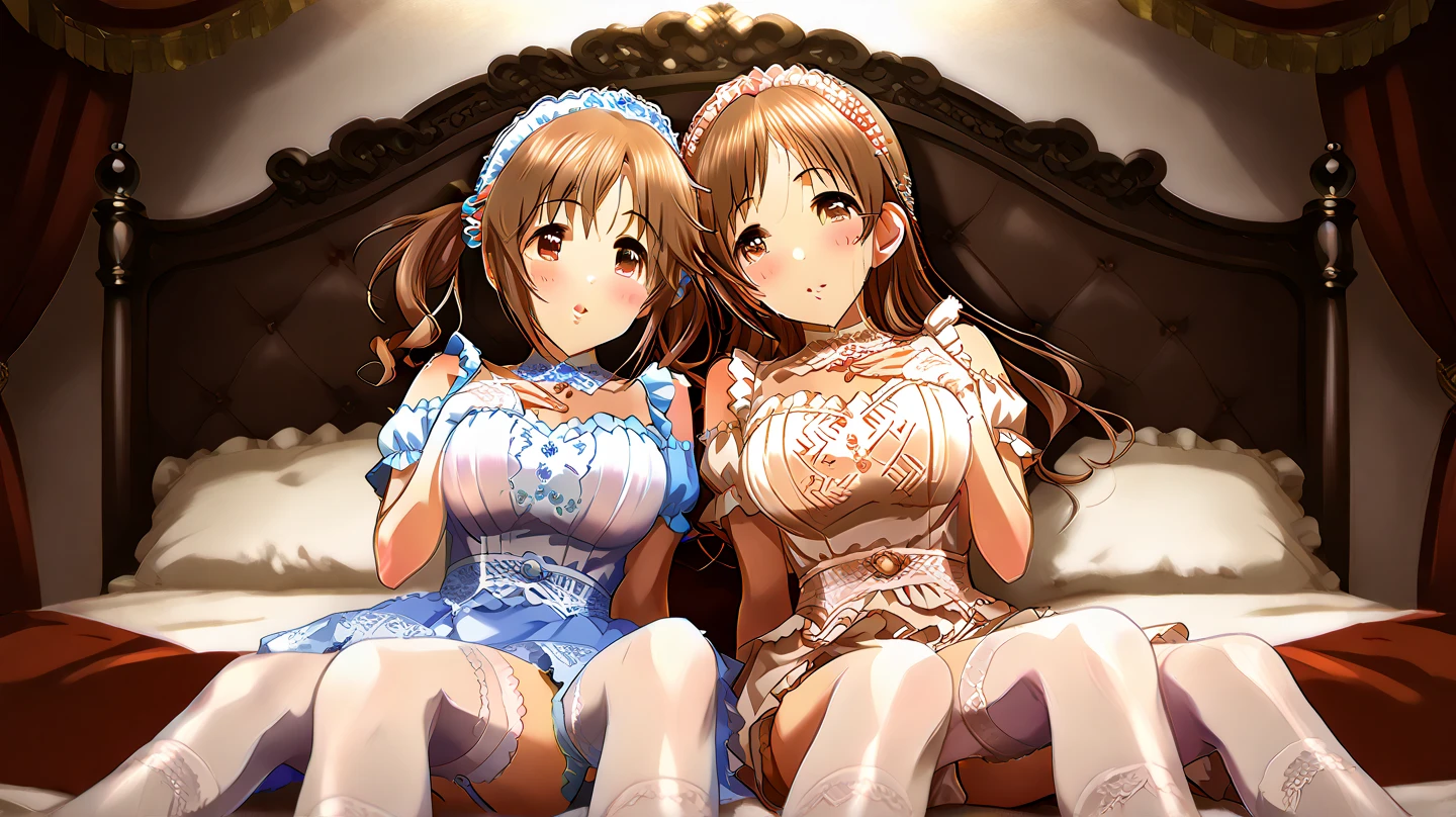(2 young girls with long hair, Stunning face and eyes, pink eyes, Charming smile, (Maid cafe outfit with frilly, Pleated sheer mini skirt:1.5), (Hollow chest maid cafe costume:1.2), Sexy transparent underwear and panties、(very pretty girl), brown hair, Fashion hair accessories quality:1.4), (Extremely detailed),Pendants and earrings、 (Extremely detailed CG unified 8k wallpaper), Very detailed, High-resolution original color photos, Professional photography, Depth of Field, ( Lying in bed),