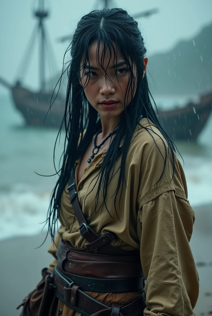 Gothic, Philippine woman, 40 years old. Tattoo on face (dragon), black veil, kimono, geisha, holding sword, on an Asian pirate ship, stormy weather, black hair (long), blood splatter on face.