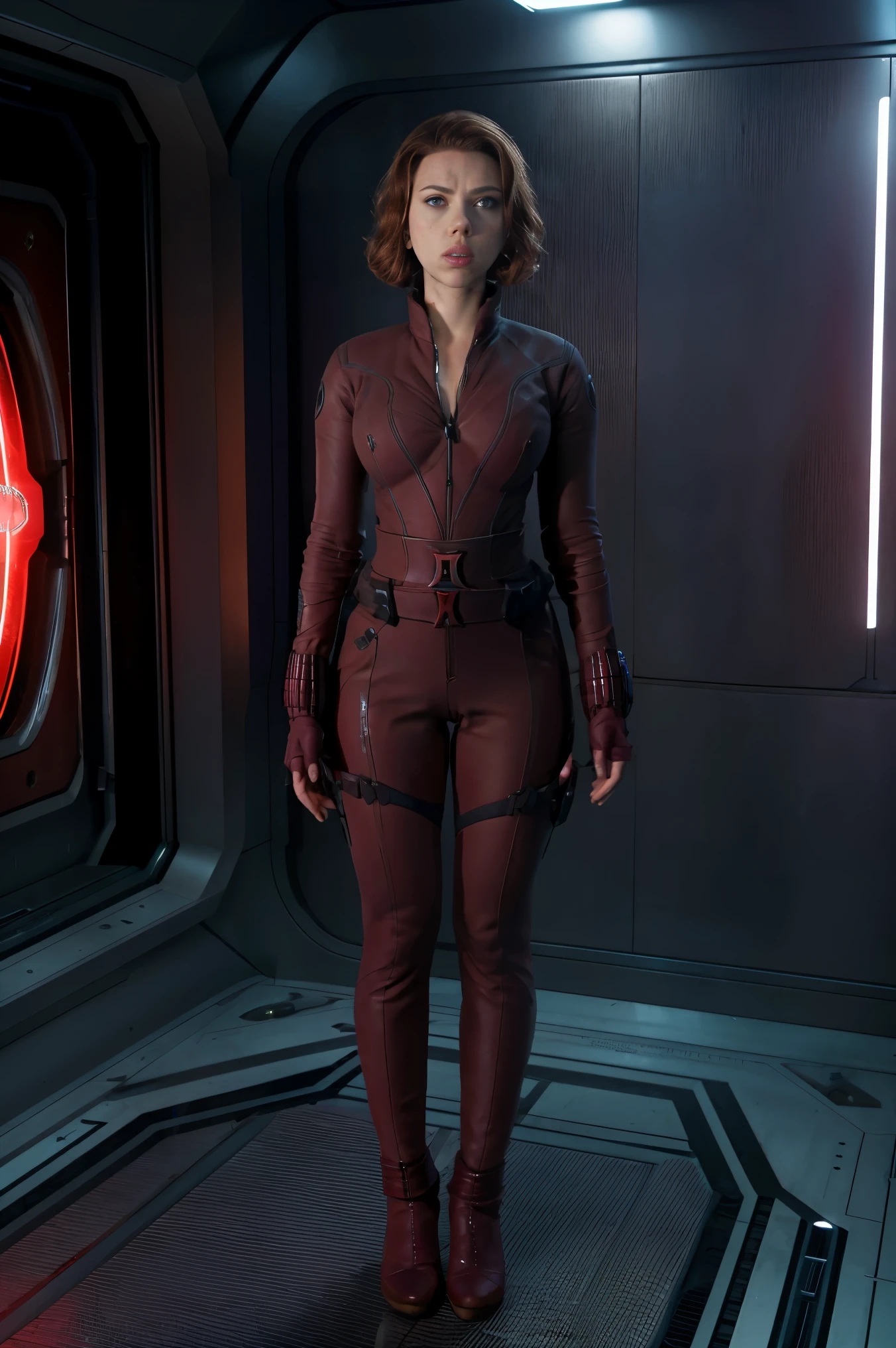 ((best quality)), ((masterpiece)), ((Scarlett Johansson)) (detailed), perfect face, 30 year old woman, Sensual pose, sexy, Inside a spaceship, wearing red swingsuit, traje ajustado sexy, big , big butt, small waist, full body