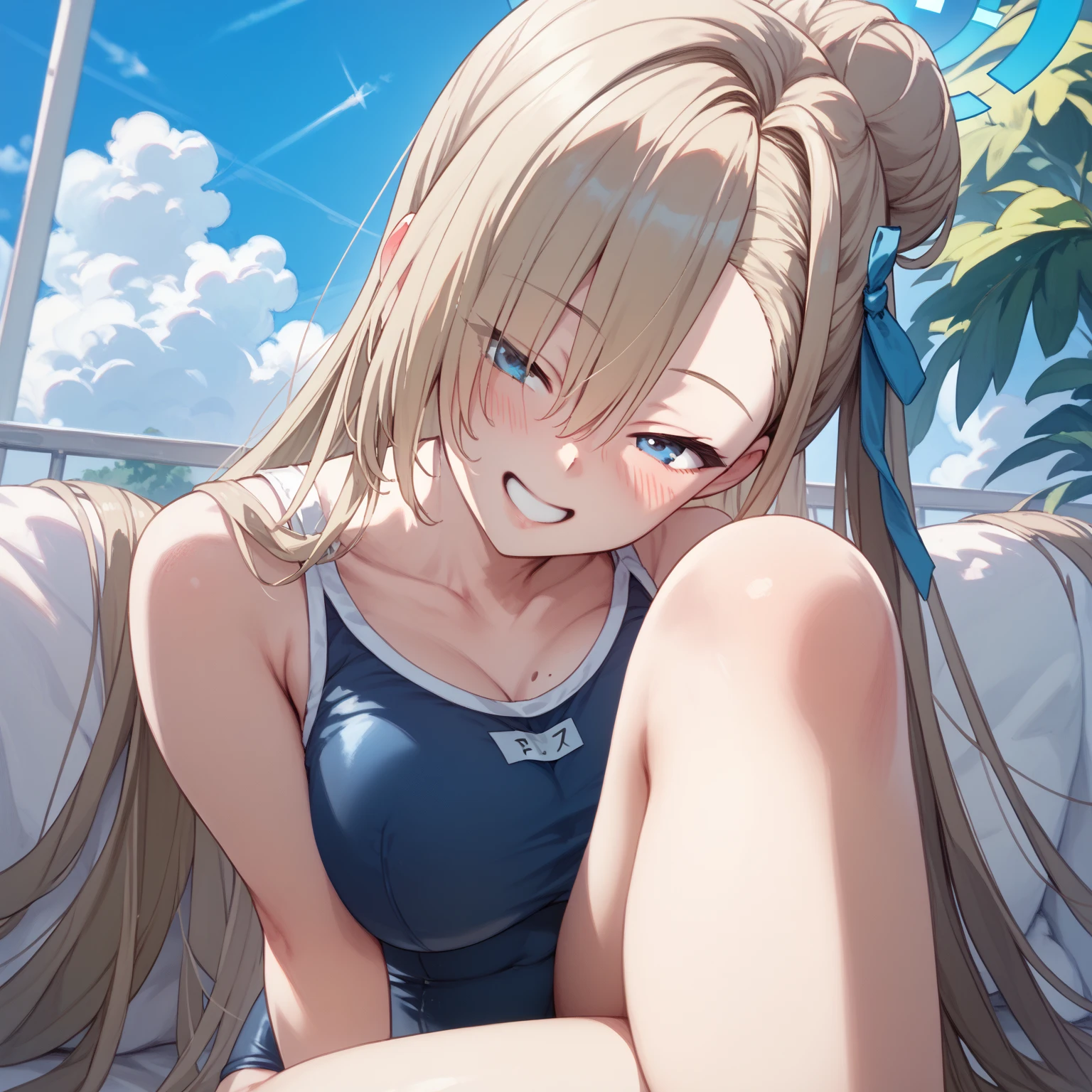 ((highest quality)), (masterpiece)), (detailed: 1.4), Unorganized resolution、High resolution、(masterpiece:1.4)、超detailed、one beautiful girl、highest quality、master piece、非常にdetailed、(1 girl):1.4、(Futuristic competitive swimsuit)、(Golden hair):1.3、twin tails、ショートtwin tails、(dark blue eyes):1.1,(Near the future)、indoor pool background