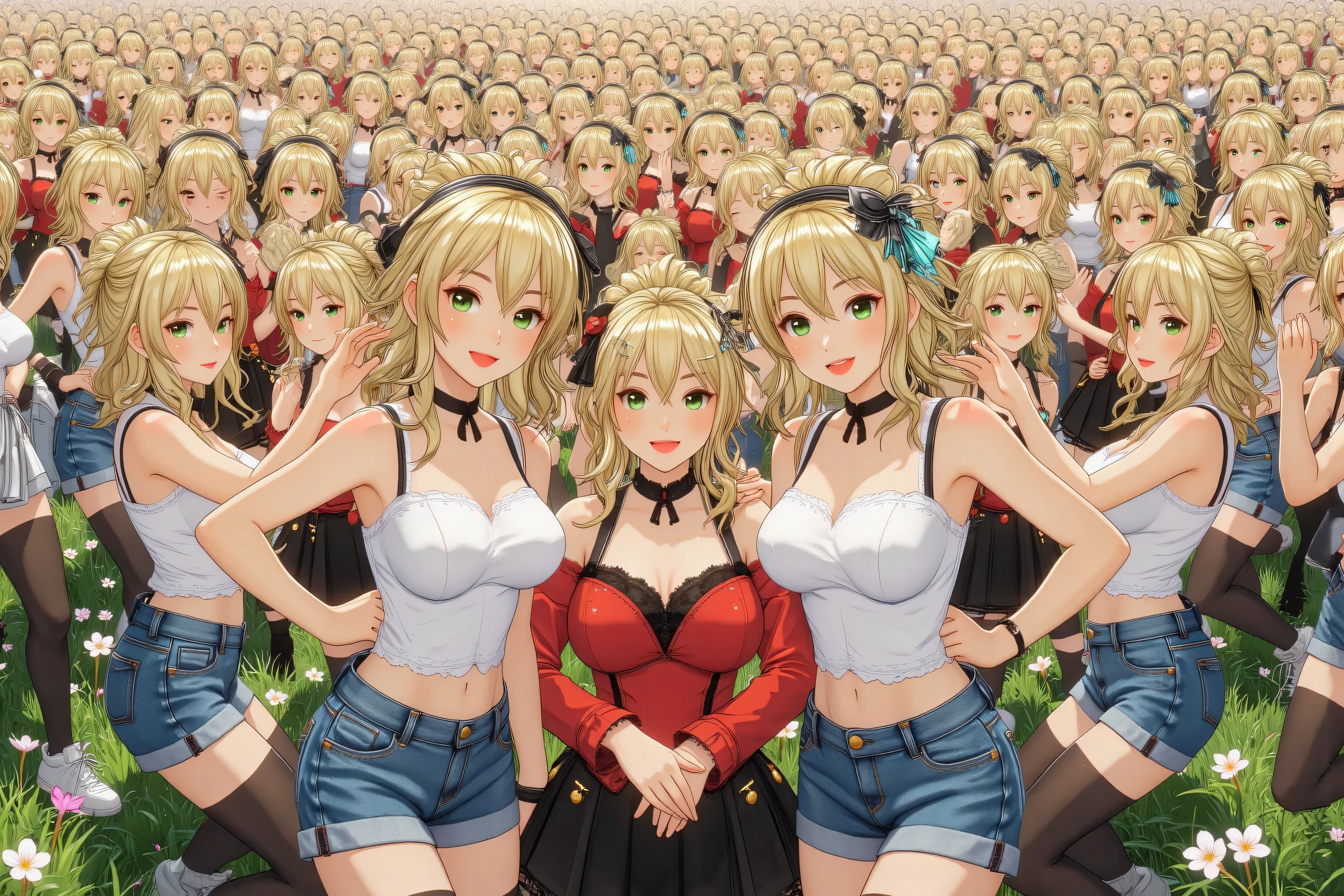 (((Myself=Japanese Beautiful Super Clones multiply girls))), (((((Myself OnlyのSuper Clones multiply girlsが大量増殖して超大群衆のMyself OnlyのSuper Clones multiply girlsと熱愛溺愛して抱擁した描写, Myself OnlyのSuper Clones multiply girlsはMyself OnlyのSuper Clones multiply girlsと淫乱中))))), (((high quality Animation Art))), (Super Best masterpiece, 16K, 最高画質, 超高解像度, 超最高の作品完成度), (((超とてもカワイイ笑顔, 嬉しい表情, 色濃い金髪少女))), (((((とても美しく繊細で正確な女体の動き, とても正確で違和感ゼロの手や足の緻密な動き, 超巨乳, 胸の谷間強調))))), (((春服カジュアル衣装))), (とても詳細で正確な1点透視図法描写, 超広角視界, Super wide view, 多彩なアングル描写, ど真ん中被写体要らない),