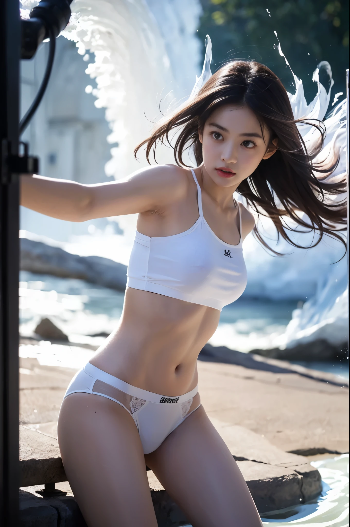 ((best quality)), ((masterpiece)), (detailed), 1girl, sports black bra, sexy white short pants, wear black cap ,lying down position, sexy poses , lie down on front bumper of sports car ,luxury necklace , luxury bracelets , revealing stomach