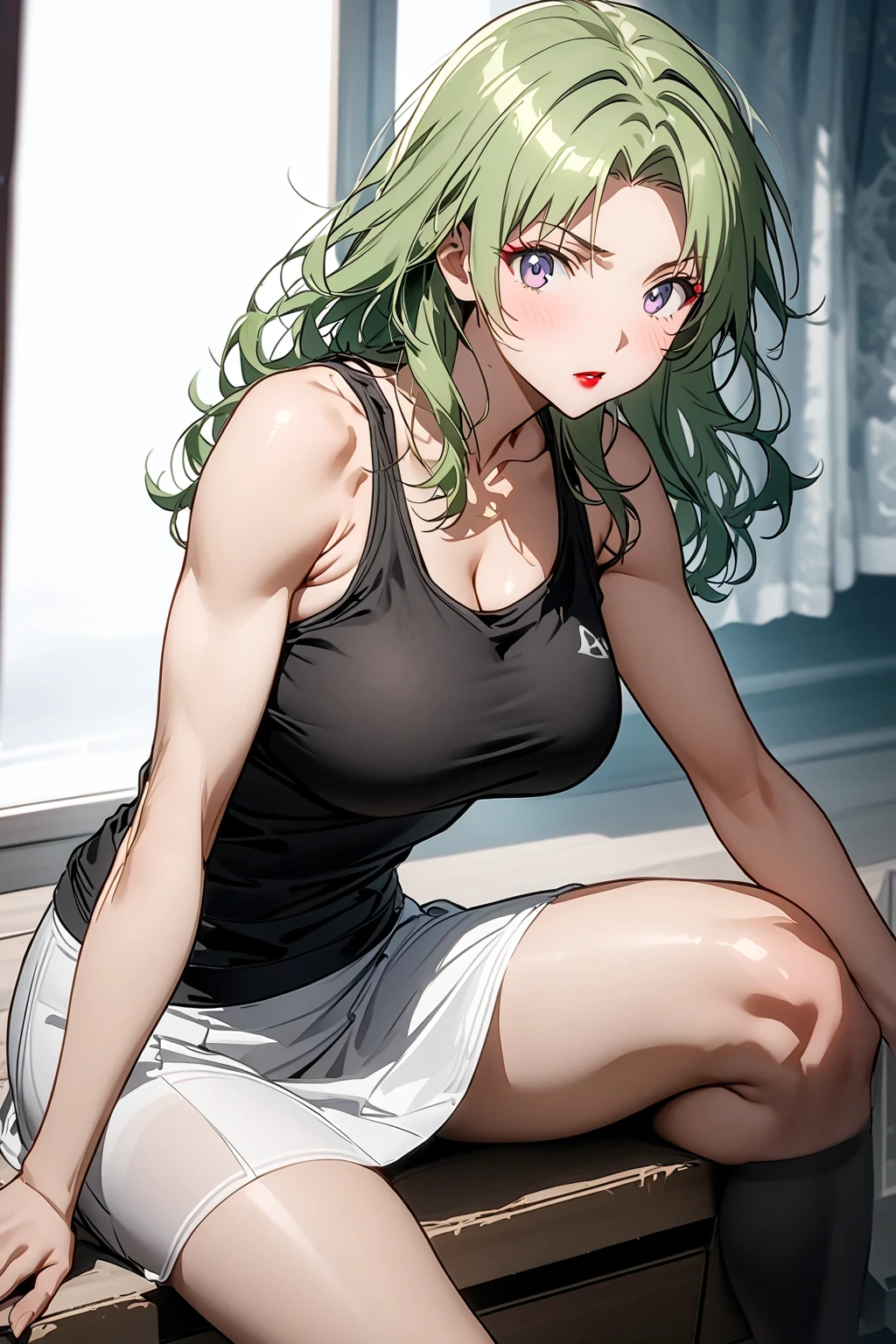 score 9 , score 8 up, score 7 up, source anime, 傑作, 最高品質, 高解像度, 1woman,  Close-up of a woman with long green hair , 筋肉質で逞しい, makeup, messy hair, lipstick, wavy hair, parted bangs, 茶色の瞳の女性, solo, クラシック女性, big breasts, 逞しい筋肉, very large breasts, anime artist wearing white tight skirt, 服装:黒いタンクトップ, biceps, biceps long head, biceps short head, triceps, triceps medial head, triceps lateral head, triceps longhead, brachioradialis, deltoids, anterior deltoids, middle deltoids, posterior deltoids, thigh muscles, semitendinosus muscles, hamstrings, adductor magnus muscles, collarbone, trapezius, 女性ロマンス, (black tank top:1.5), アニメ風, 筋肉質な女性, スキンタイトなタンクトップ, 女性的で筋肉質, 魅力的なアニメの女性, 背が高い女性, 引き締まった体, 大人の色気, wearing a white tight skirt, アニメチンコ!!!!, (white tight skirt:1.5), tank top with an black, tight skirt with an white, bare shoulders, bare arms, bare legs, tank top and tight skirt only, カウボーイショット, looking at viewer, 女性の焦点, 立っている,