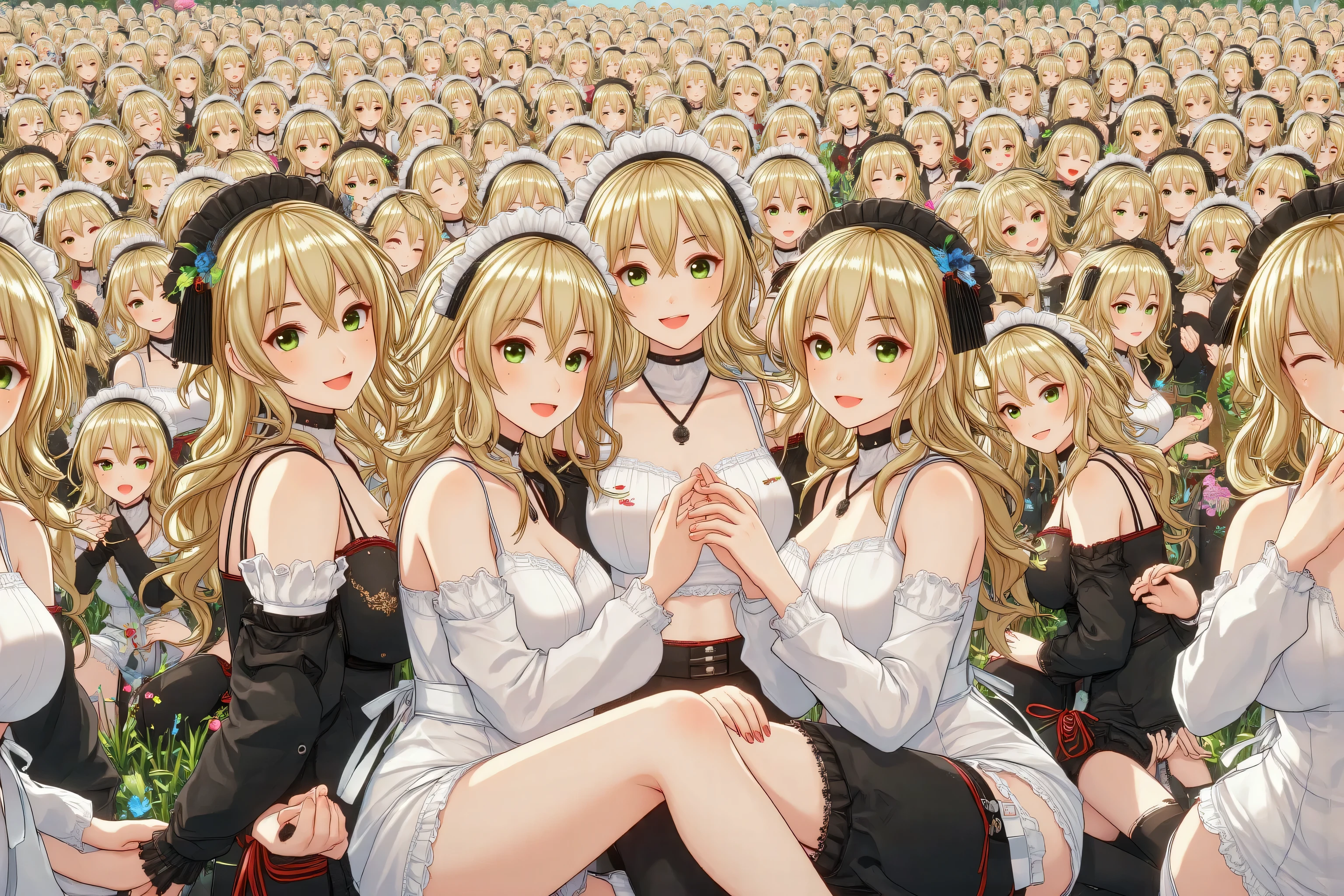 (((Myself=Japanese Beautiful Super Clones multiply girls))), (((((Myself OnlyのSuper Clones multiply girlsが大量増殖して超大群衆のMyself OnlyのSuper Clones multiply girlsと熱愛溺愛して抱擁した描写, Myself OnlyのSuper Clones multiply girlsはMyself OnlyのSuper Clones multiply girlsと淫乱中))))), (((high quality Animation Art))), (Super Best masterpiece, 16K, 最高画質, 超高解像度, 超最高の作品完成度), (((超とてもカワイイ笑顔, 嬉しい表情, 色濃い金髪少女))), (((((とても美しく繊細で正確な女体の動き, とても正確で違和感ゼロの手や足の緻密な動き, 超巨乳, 胸の谷間強調))))), (((春服カジュアル衣装))), (とても詳細で正確な1点透視図法描写, 超広角視界, Super wide view, 多彩なアングル描写, ど真ん中被写体要らない),