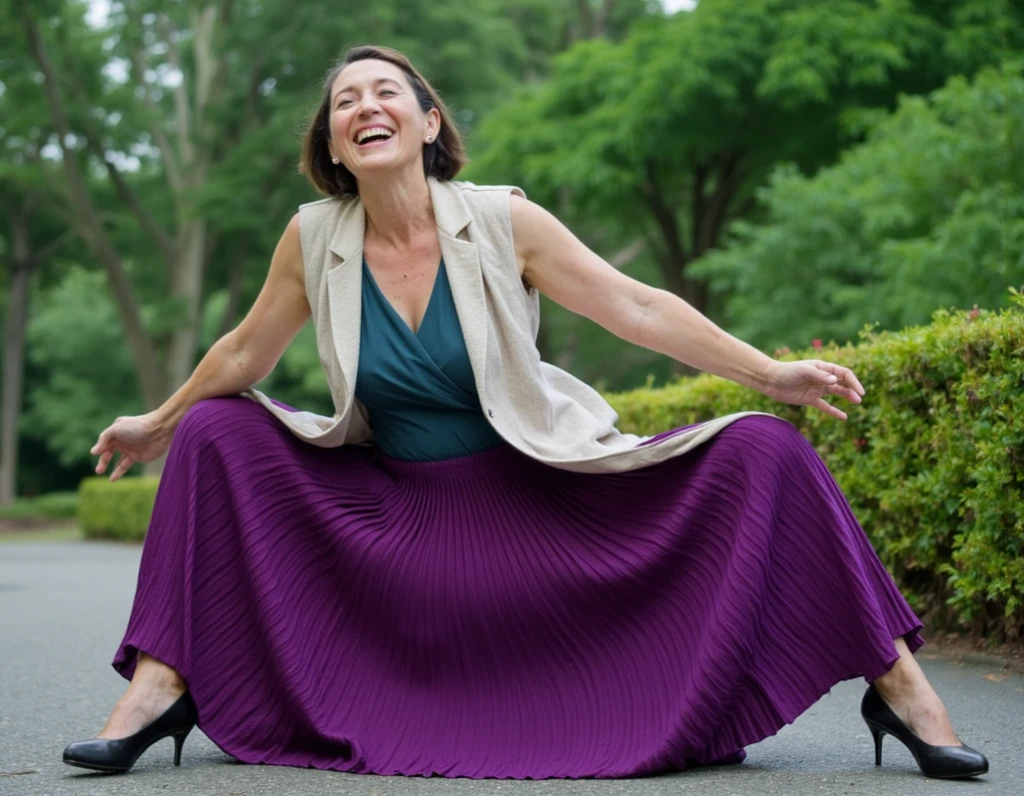A woman celebrating her success, cheerful and happy, wearing a blue dress with sleeves covering her breasts, arms raised, full body shot, realistic photography, photorealistic, HDR, sharp focus, professional, vivid colors, natural lighting