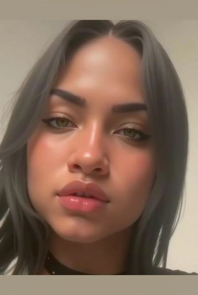 A young 19-year-old woman named Lila Nakamura with a mixed Japanese and Northern European heritage. She has thick dark black eyeliner, glossy lips, and a cute, endearing expression. She has straight, black hair with blonde highlights or a blonde tint that falls just past her shoulders, styled in a neat and polished manner. Her eyes are almond-shaped with a light, striking blue color, accentuated by subtle eyeshadow and mascara. Her skin has a light tone with a natural, fresh look, and she has a few delicate freckles across her nose. Nude, in the bedroom
