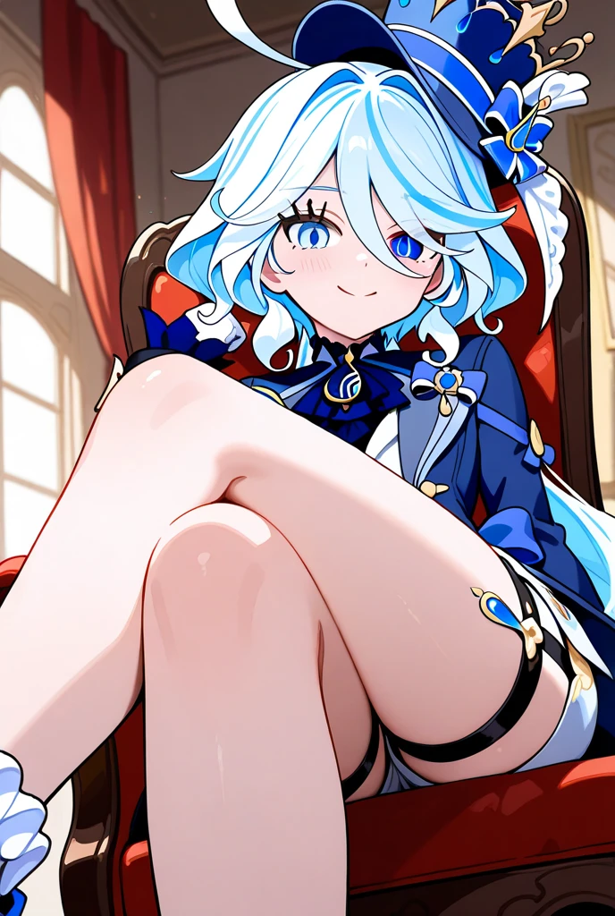 (masterpiece),best quality, expressive eyes, perfect face,w sitting, w sitting on ground, legs on ground, arms between legs, bot arms between legs,1girl,
big breast, H-cup, good breast,Focalors