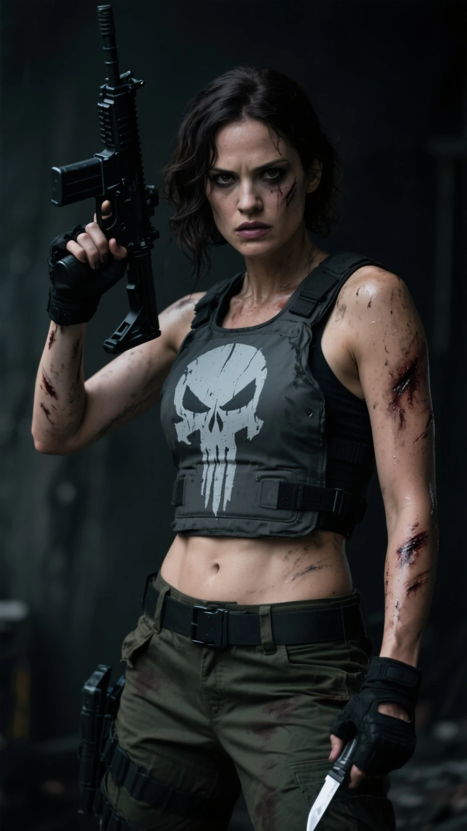 realistic, Lauren Cohan as Punisher, Punisher outfit, female Bulletproof vest, wet and sweaty hair, combed back,a few strands falling on her face, face painted black around the eyes, shoulderless crop top, women's bulletproof vest, gray spray-painted Punisher logo on the vest, slightly worn and worn, dirty, injured, wiem clothes, angry, revenge, dynamic pose, militarny Black trousers, militarny high shous, Black makeup around eyes, dark photo, dangerous and sexy, military knives, guns, automatic rifle, dark scenery and background, imersive background, raw photo, 8k, very detailed, cinematic