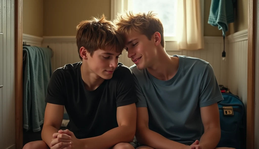 Tall, athletic, blond 16 year old boy, with short hair and only wearing linen pants, helping a muscular, brown-haired 14-year-old boy study, kiss, sex, NSFWW