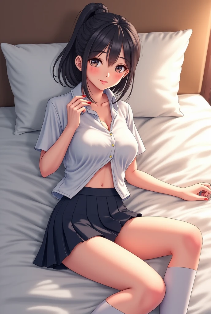 un cuarto, Feminine decoration, adulto joven, femenino, hermoso, sexy, pechos medianos, Caderas anchas, small waist, piernas bien formadas, muslos perfectos, shy, rubor, sensible, mirando al espectador, ropa casual, minifalda a cuadros, blusa, traslucent blusa, wet blusa, blusa completely open and unbuttoned, bra visible under blusa, Sudor y cuerpo mojado., entusiasmado, acostada, cama, Cabeza sobre la almohada, seductor,