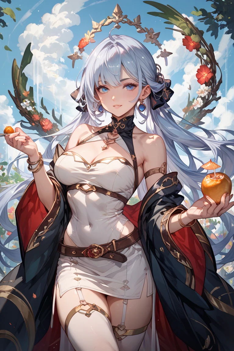 ((masterpiece, best quality, ultra-detailed, high-resolution)), solo, beautiful girl, gleaming eye, perfect eye, age 15, white hair, red eyes, thelema honkai impact, red scraft, evil smile