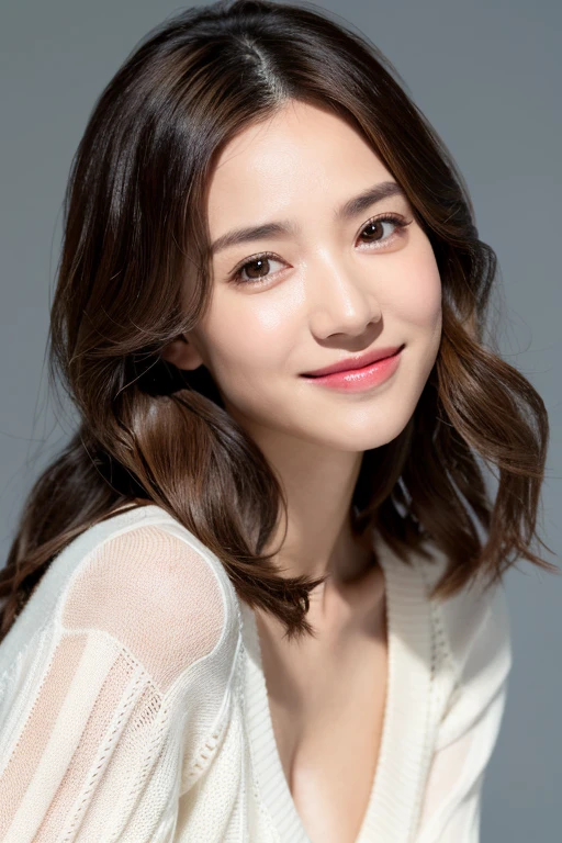 Highest quality、masterpiece、8K、((White blouse))、((On the escalator in an office building))、((Big close up of face))、Medium length straight black hair、1 person、Take dynamic poses、(((Glamour)))、((Cute Smile))、Realistic、Clearer images、Beautiful attention to detail、Hyperrealism、Ultra HD、Realistic skin texture、Best image quality、Ultra-high resolution、In detail、Very carefully