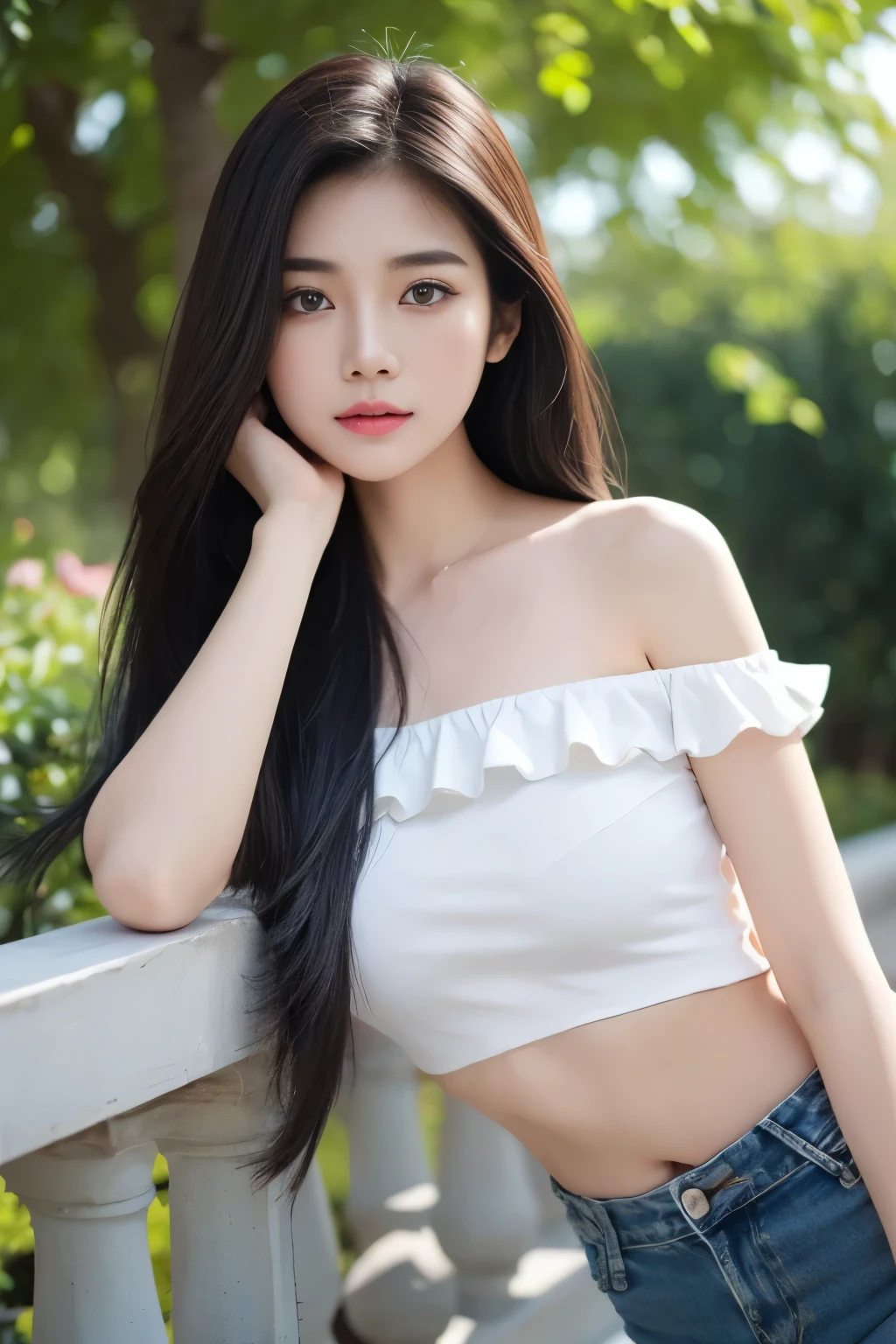 (Masterpiece, best quality, ultra detailed, 8k,RAW Photo), A young Asian woman, brown long hair, white ruffle top, denim pants. The background is a vibrant park with greenery, flowers, and a sunny atmosphere. The style is detailed, colorful, ((thin face, perfect face, perfect eyes, slim body: 1.2)), cute pose, Ulzzang, (two layer hair)