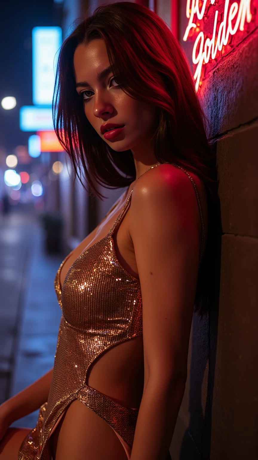 portrait photography, Amanda Seyfried as Scarlett Witch, Cyberpunk red dress & Scarlett Witch golden costume, neckline, pinching, camel toe, clearly visible pubic shape, partially visible , proper eye position, detailed skin texture, Natural skin, backlight, cinematic light, Luz outfit, hips, at night, city background, detailed color gradient background, intricate, Very detailed, octane rendering, High Definition, 8k