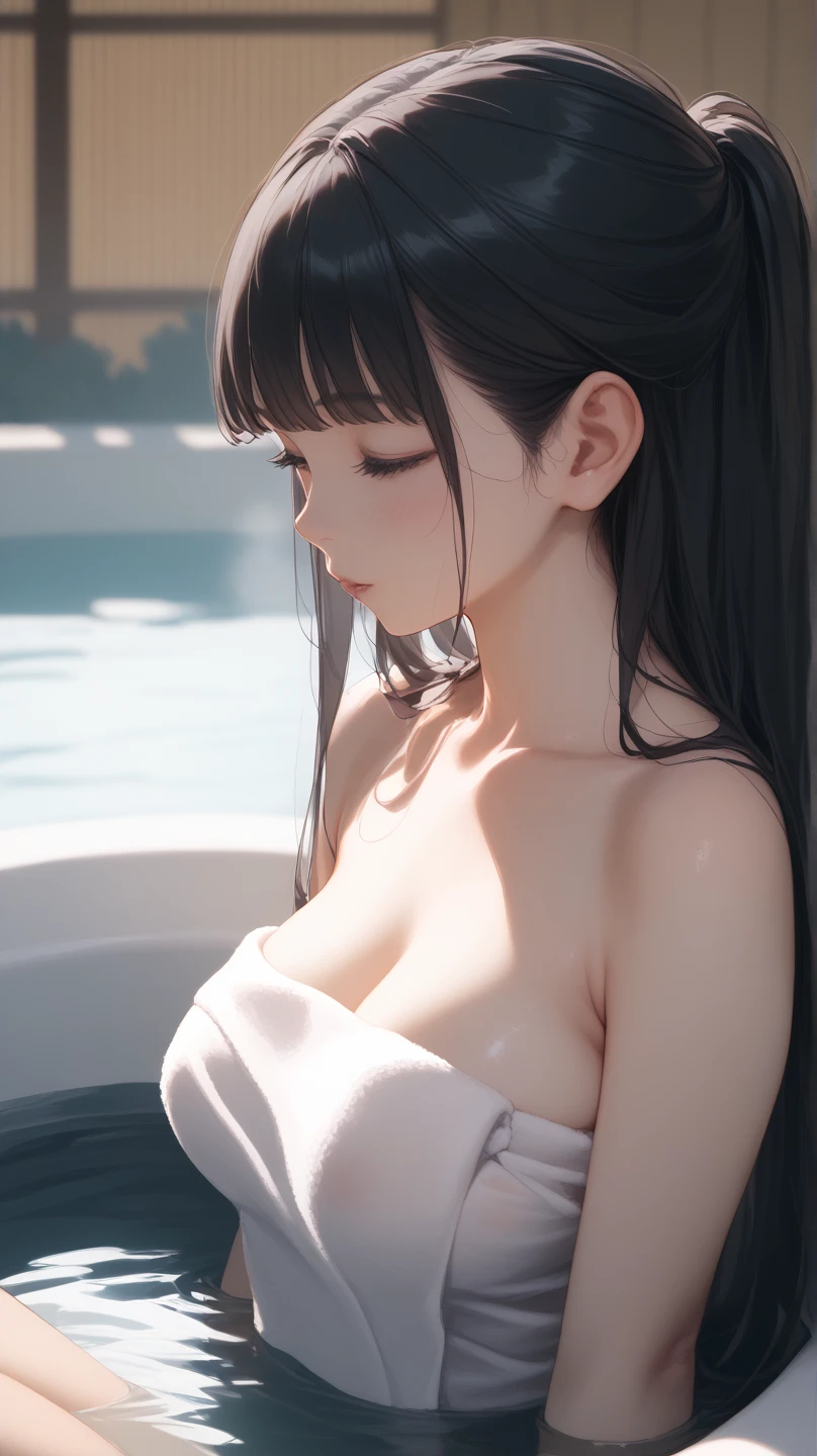 (8K), (Best Quality: 1.2), (Realistic), (Photorealistic: 1.37), Ultra High Definition, 1 Girl, Closed Mouth, Beautiful Details, Beautiful Nose in Detail, Best Image Quality, Outstanding Detail, Ultra High Resolution, Prefer Detail, Highly Condensed 1girl, Delicate and Beautiful Face, Long Hair, Tousled Hair, Japan Hot Spring, Take out of the water, Wrap your whole body tightly with a bath towel, big, blush, cleavage