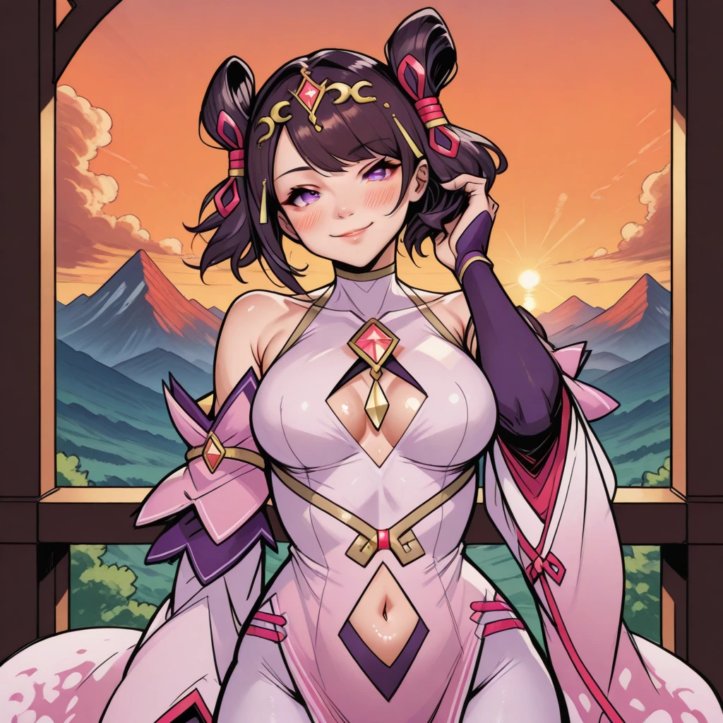 safe_pos, safe_pos, safe_pos, safe_pos, safe_pos, safe_pos, safe_pos, score_9, score_8_up, score_8, score_7_up, score_7, ExpressiveH, upper body
BREAK
1girl, solo, LinYou, brown hair, short hair, blue eyes, headgear, ribbon, buns, kung-fu clothes, detached sleeves, long sleeves, breasts, broad hips, looking at viewer, head tilt, seductive look, aroused, horny, standing, oiled skin, hand in hair, looking at viewer, lips parted, blushing, mischievous smile
BREAK
Garden, sunset, orange sky, purple sky, mountainous horizon